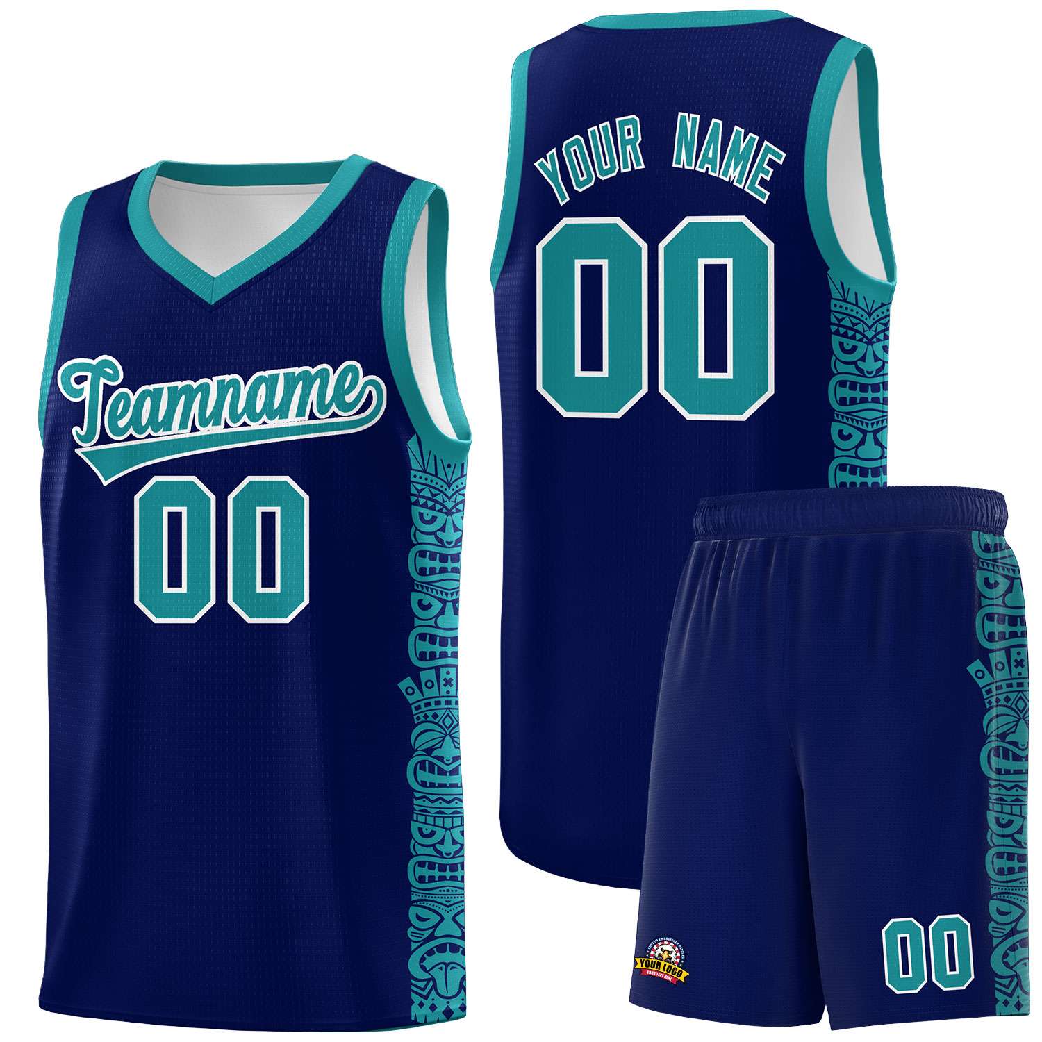 Custom Navy Aqua Personalized Indians Pattern Sets Sports Uniform Basketball Jersey