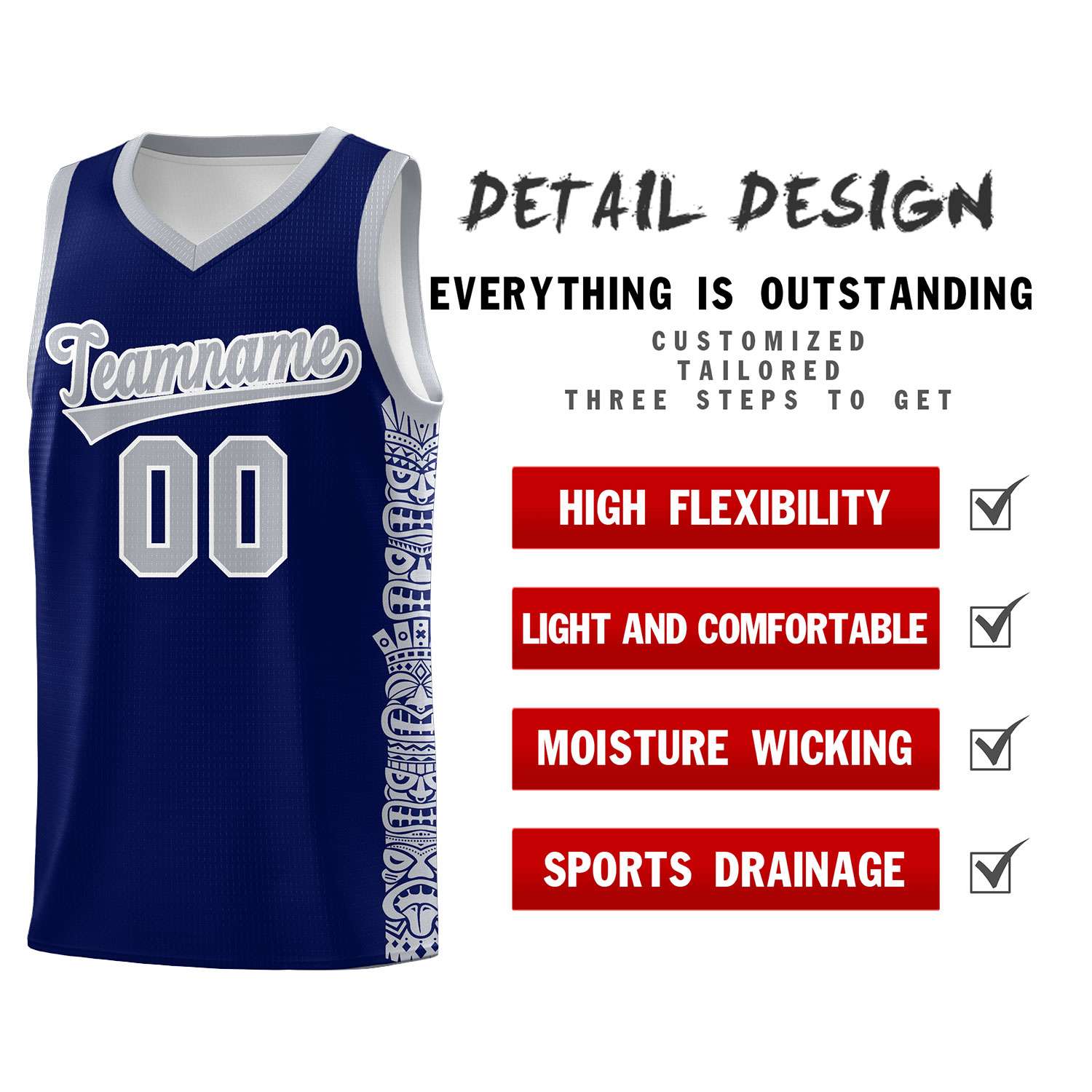 Custom Navy Gray Personalized Indians Pattern Sets Sports Uniform Basketball Jersey