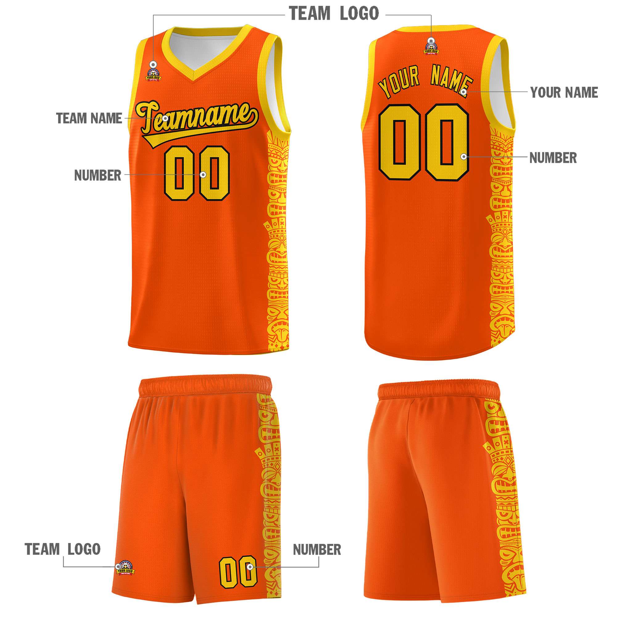 Custom Orange Gold Personalized Indians Pattern Sets Sports Uniform Basketball Jersey