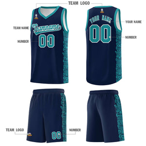 Custom Navy Aqua Personalized Indians Pattern Sets Sports Uniform Basketball Jersey