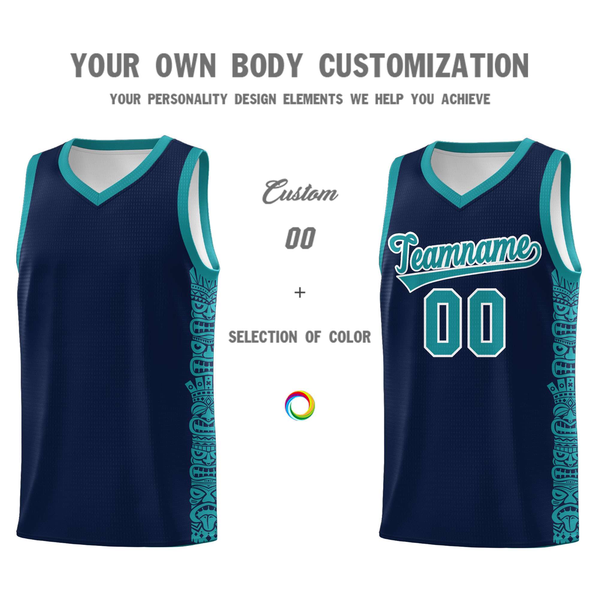 Custom Navy Aqua Personalized Indians Pattern Sets Sports Uniform Basketball Jersey