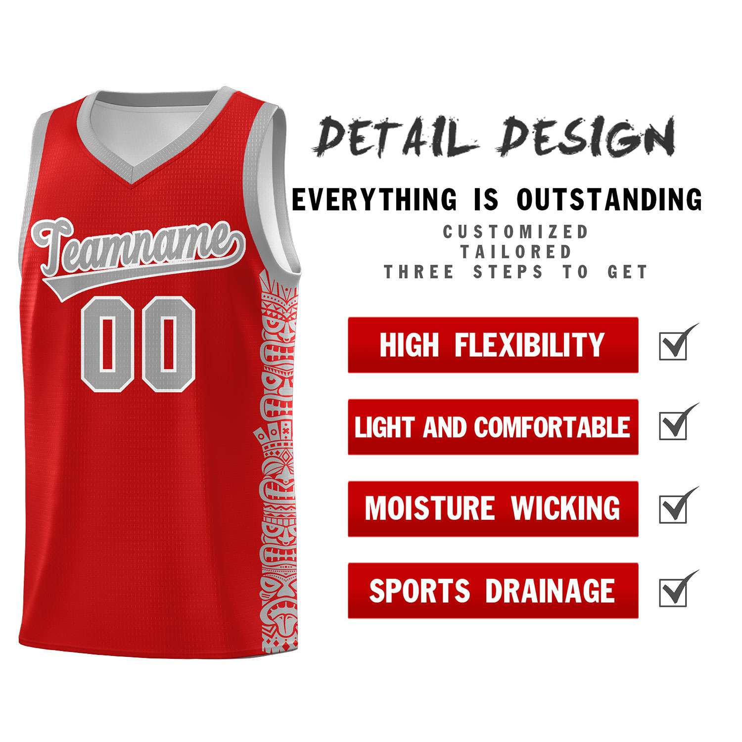 Custom Red Gray Personalized Indians Pattern Sets Sports Uniform Basketball Jersey