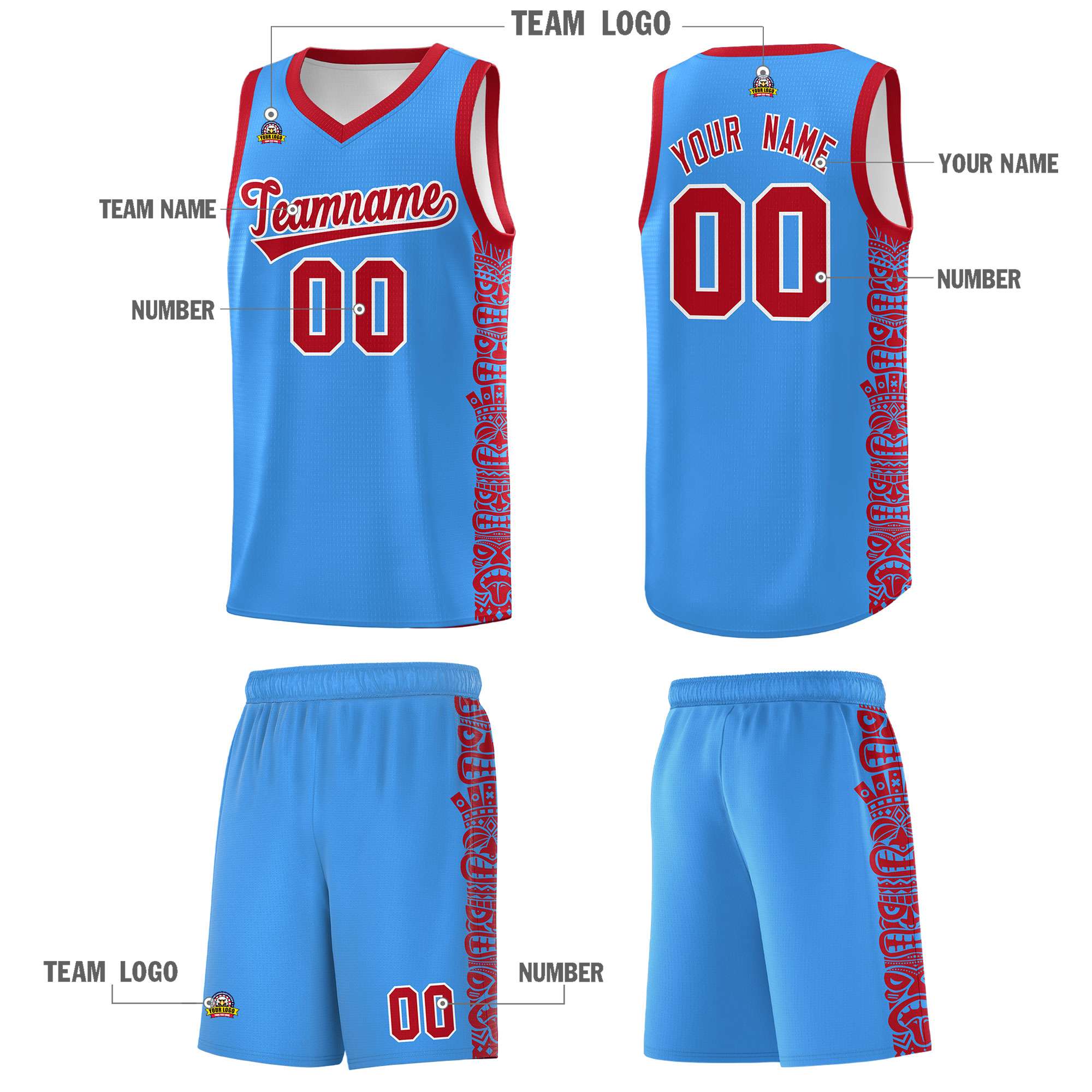 Custom Powder Blue Red Personalized Indians Pattern Sets Sports Uniform Basketball Jersey