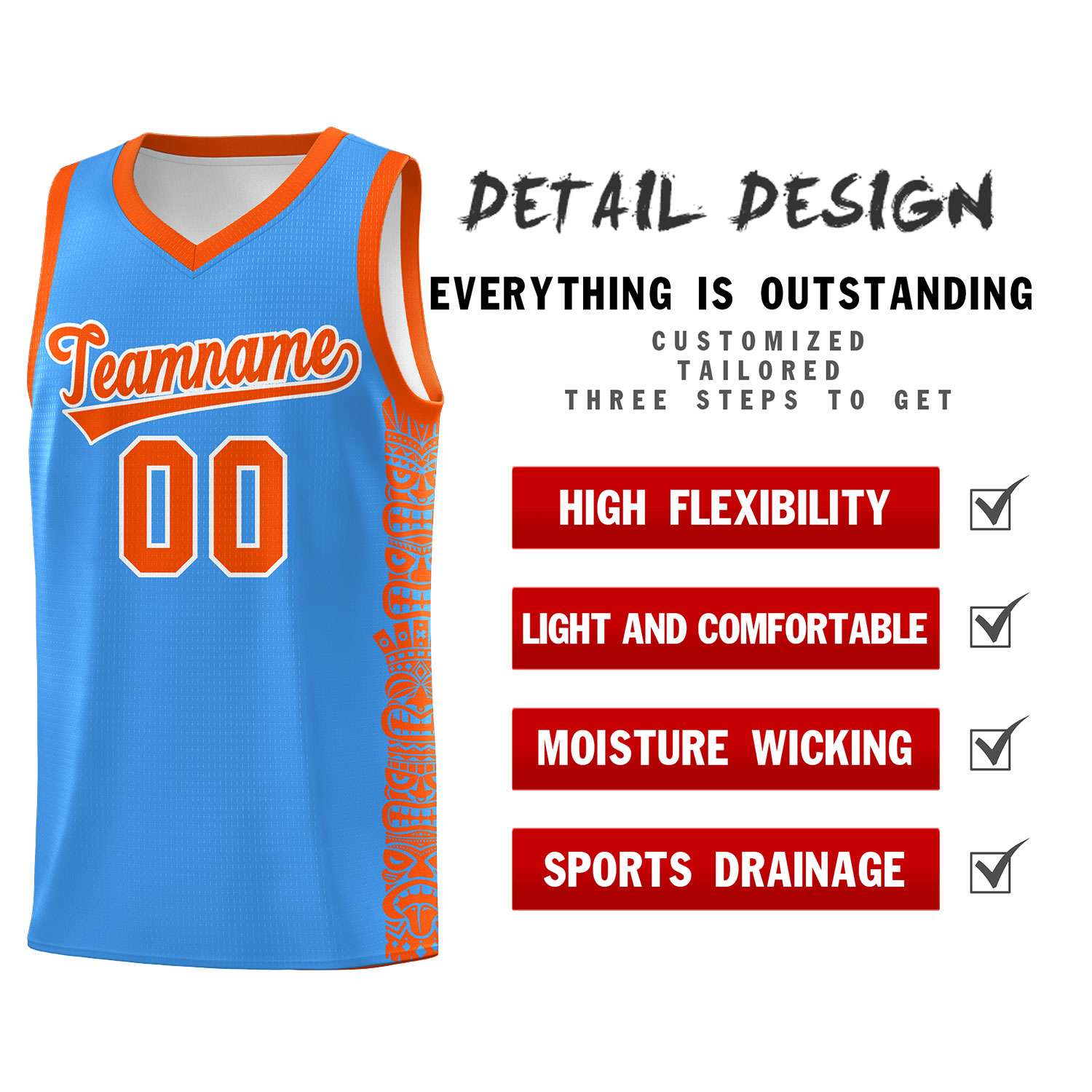 Custom Powder Blue Orange Personalized Indians Pattern Sets Sports Uniform Basketball Jersey