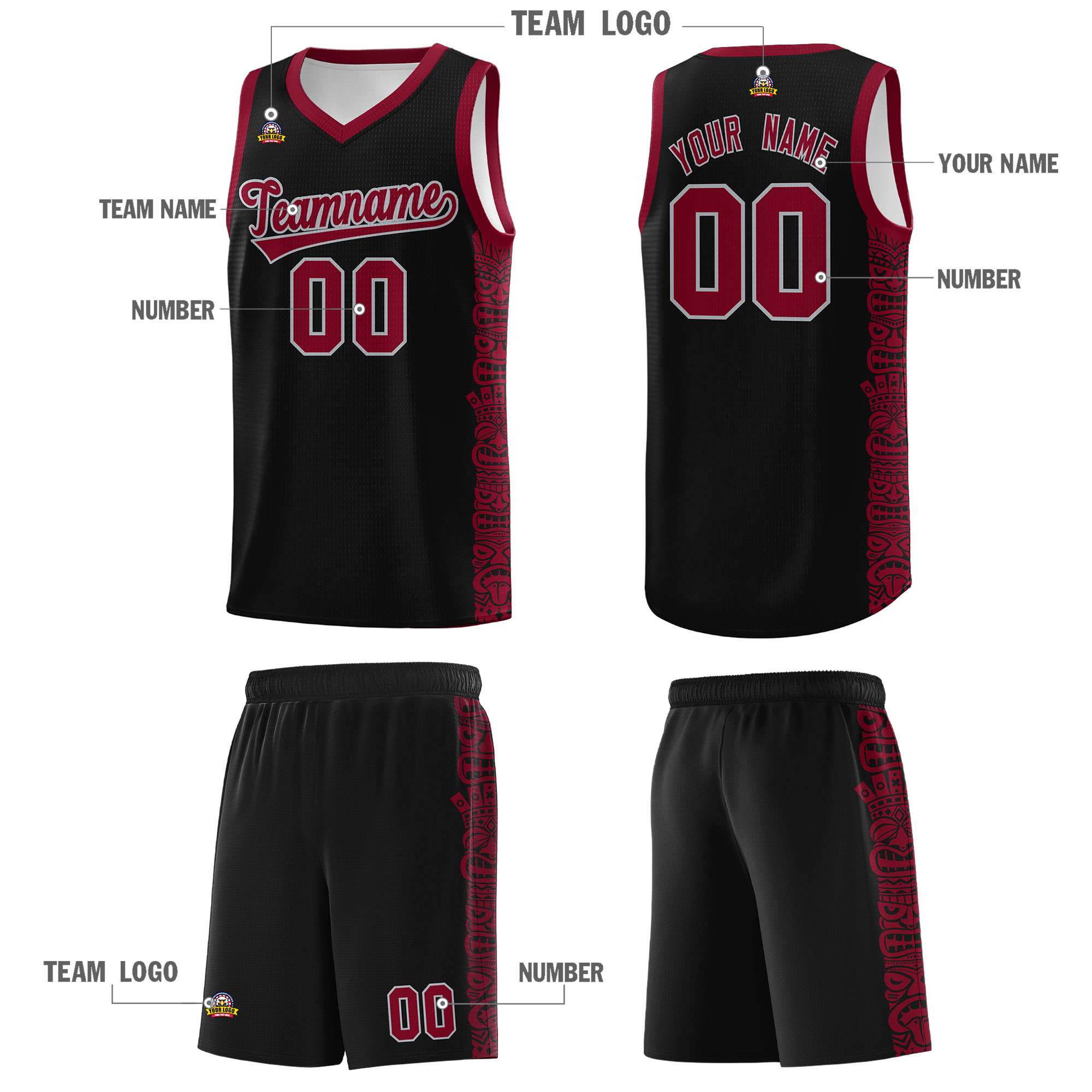 Custom Black Crimson Personalized Indians Pattern Sets Sports Uniform Basketball Jersey