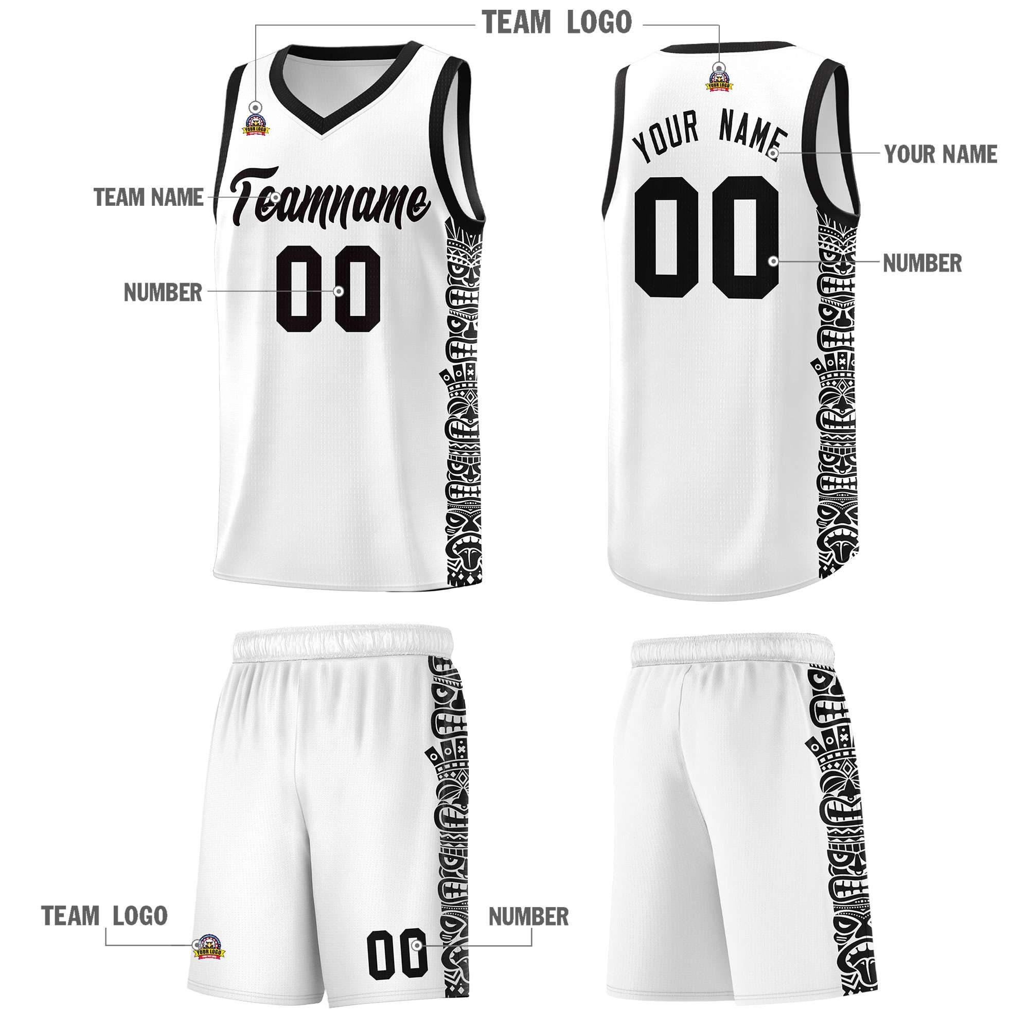 Custom White Black Personalized Indians Pattern Sets Sports Uniform Basketball Jersey