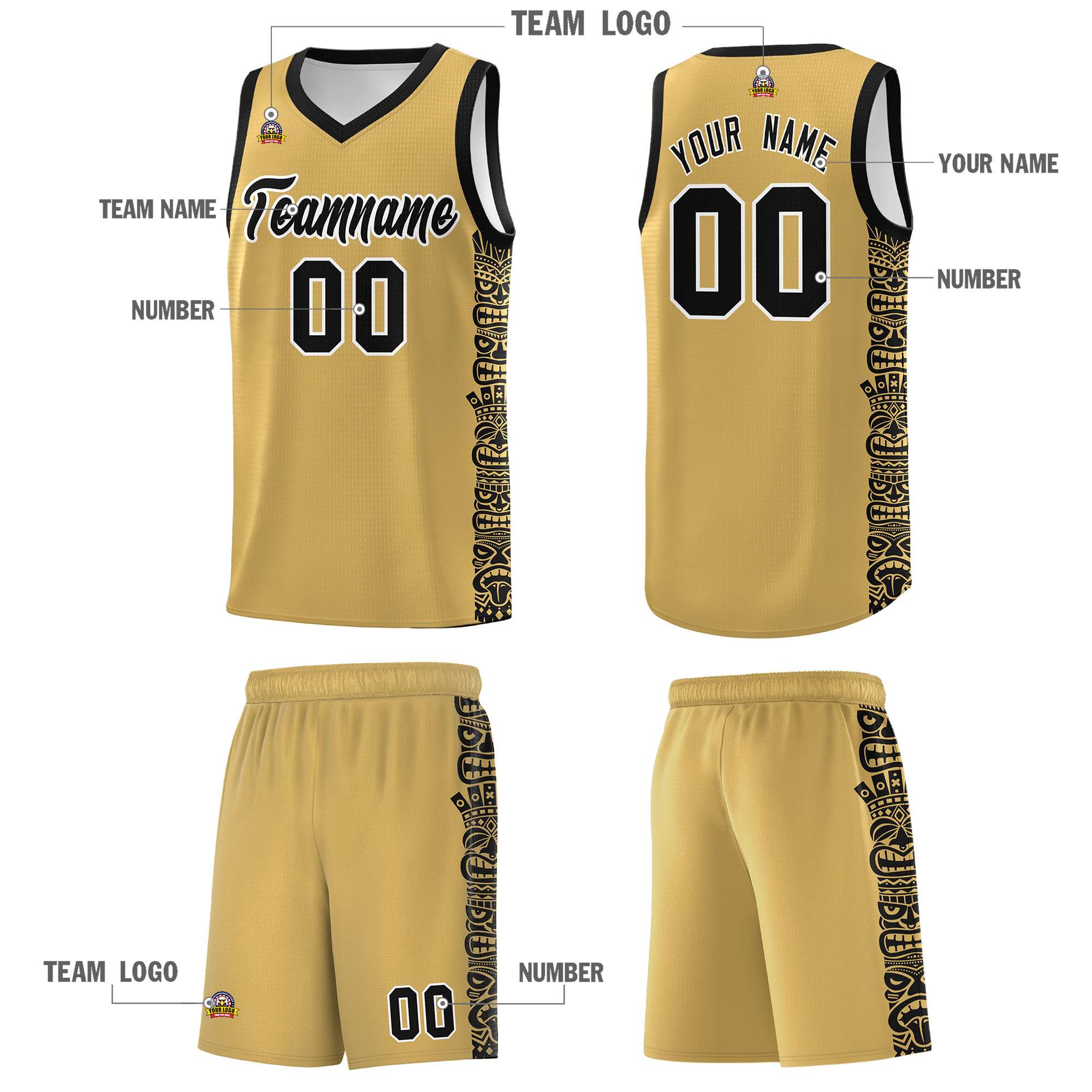 Custom Old Gold Black Personalized Indians Pattern Sets Sports Uniform Basketball Jersey