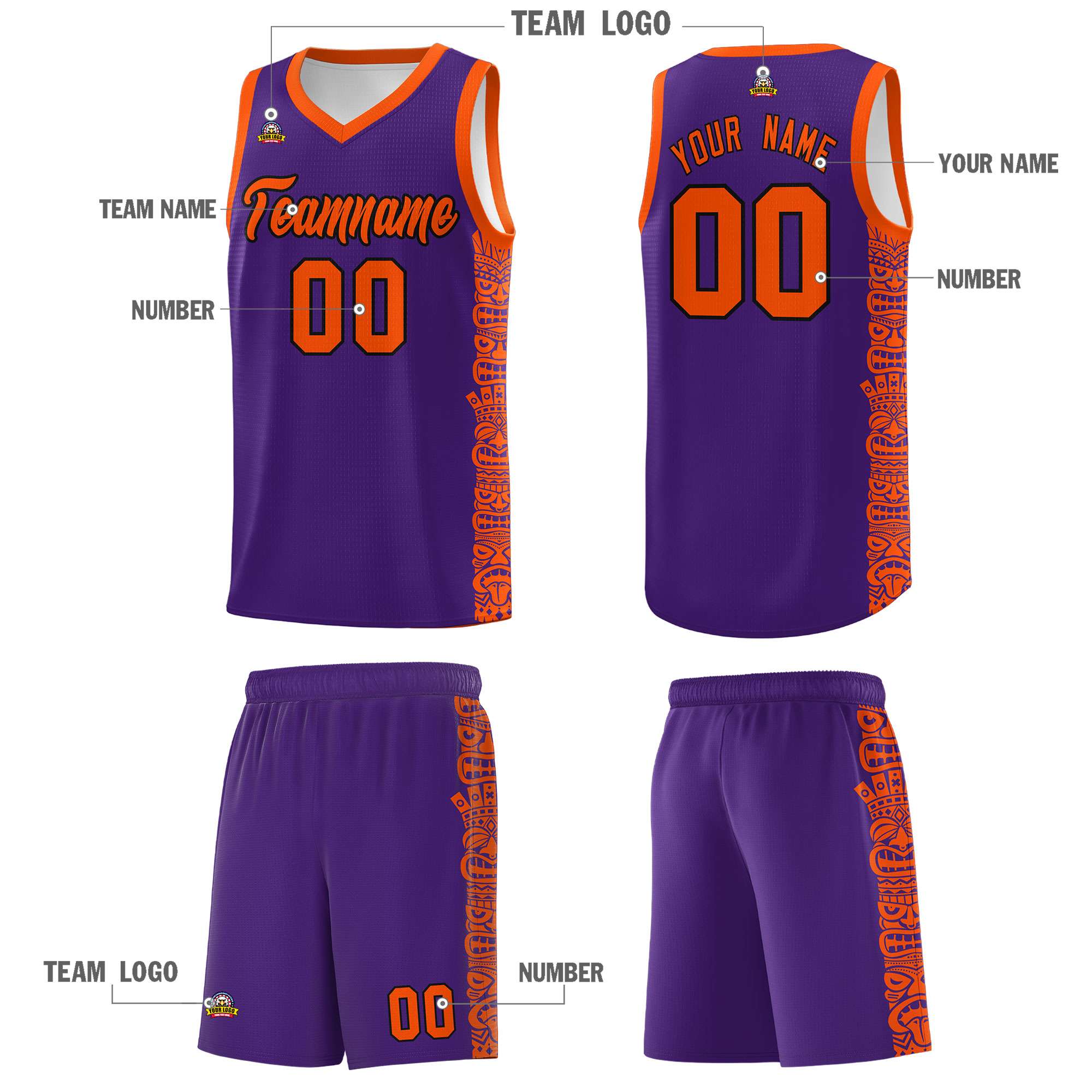 Custom Purple Orange Personalized Indians Pattern Sets Sports Uniform Basketball Jersey