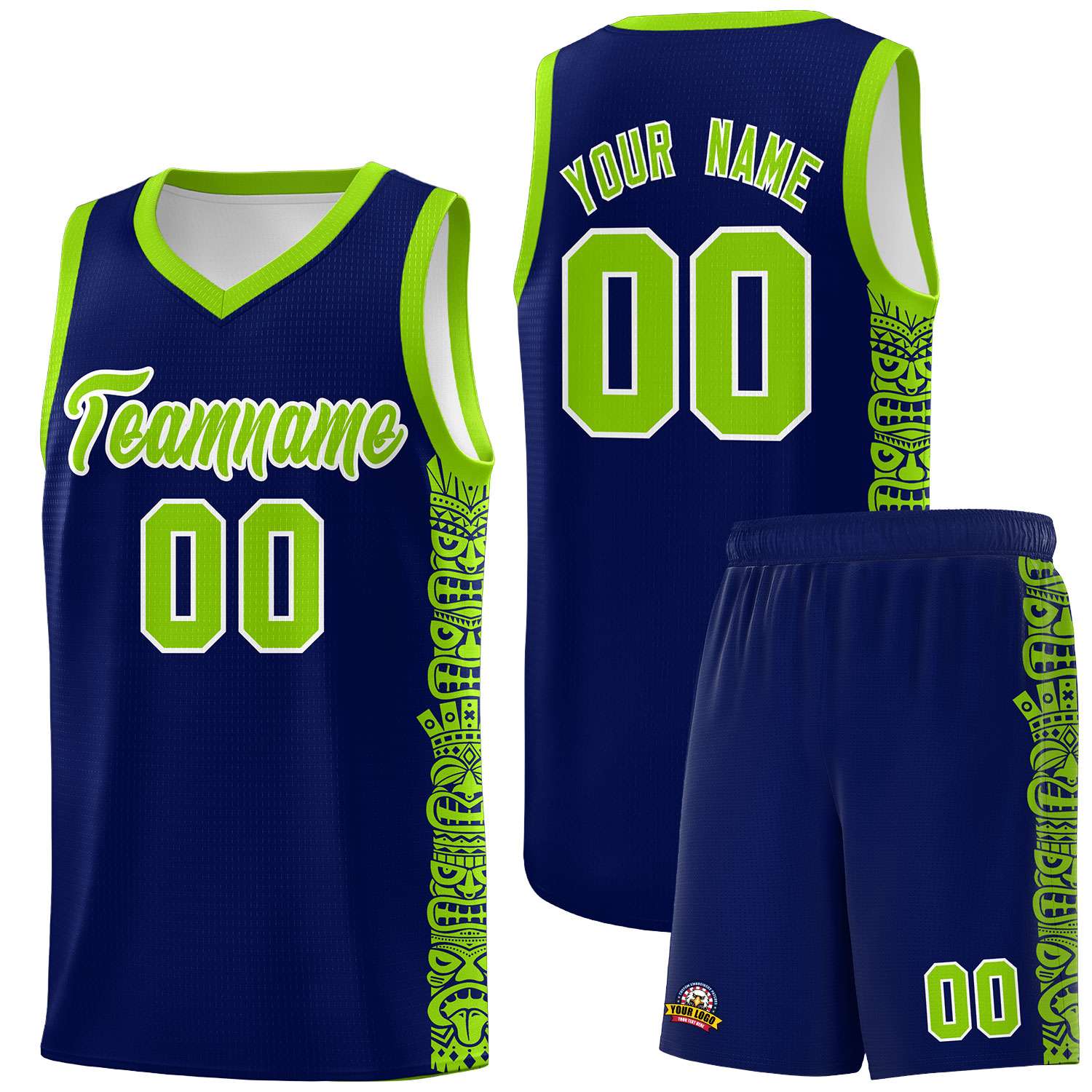 Custom Navy Neon Green Personalized Indians Pattern Sets Sports Uniform Basketball Jersey