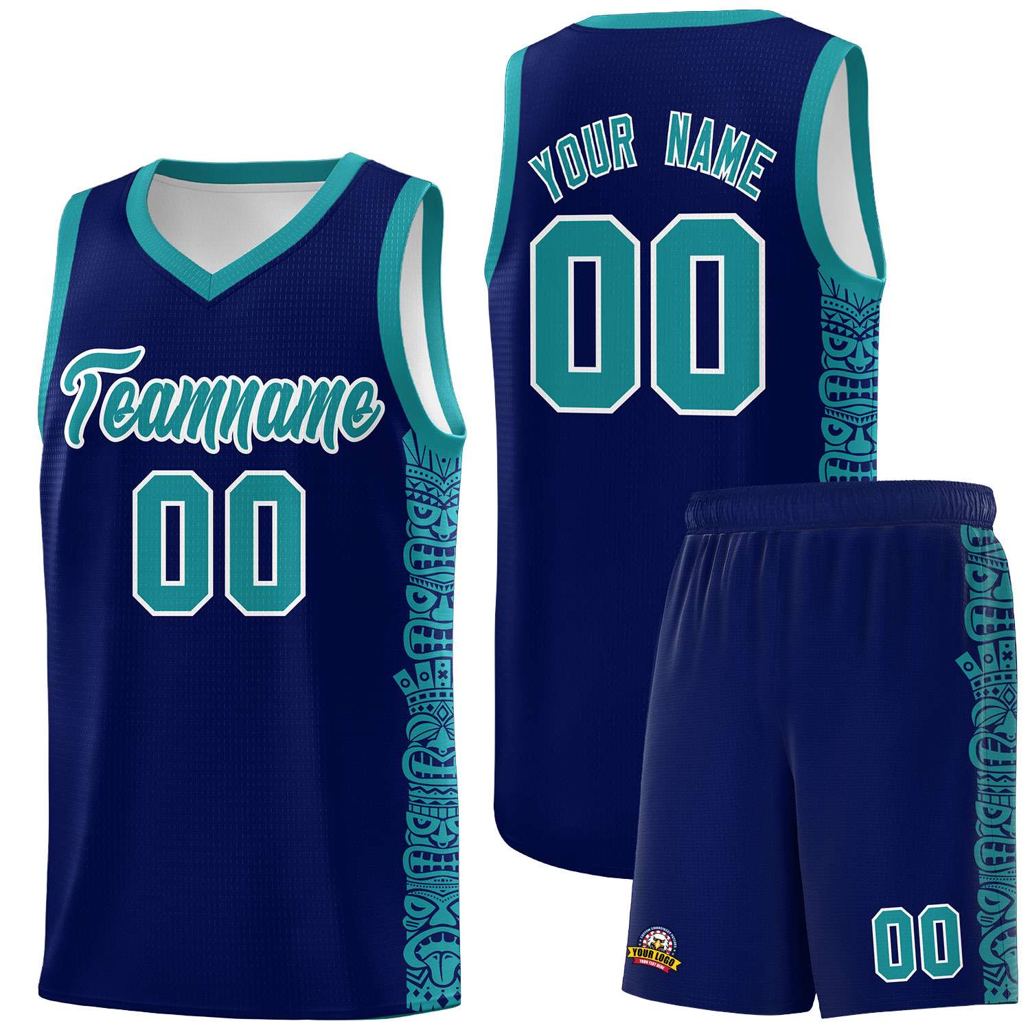 Custom Navy Aqua Personalized Indians Pattern Sets Sports Uniform Basketball Jersey