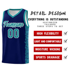 Custom Navy Aqua Personalized Indians Pattern Sets Sports Uniform Basketball Jersey