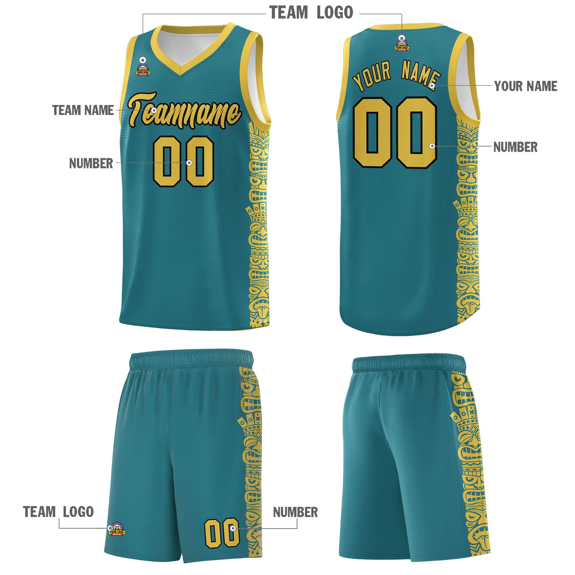 Custom Aqua Yellow Personalized Indians Pattern Sets Sports Uniform Basketball Jersey