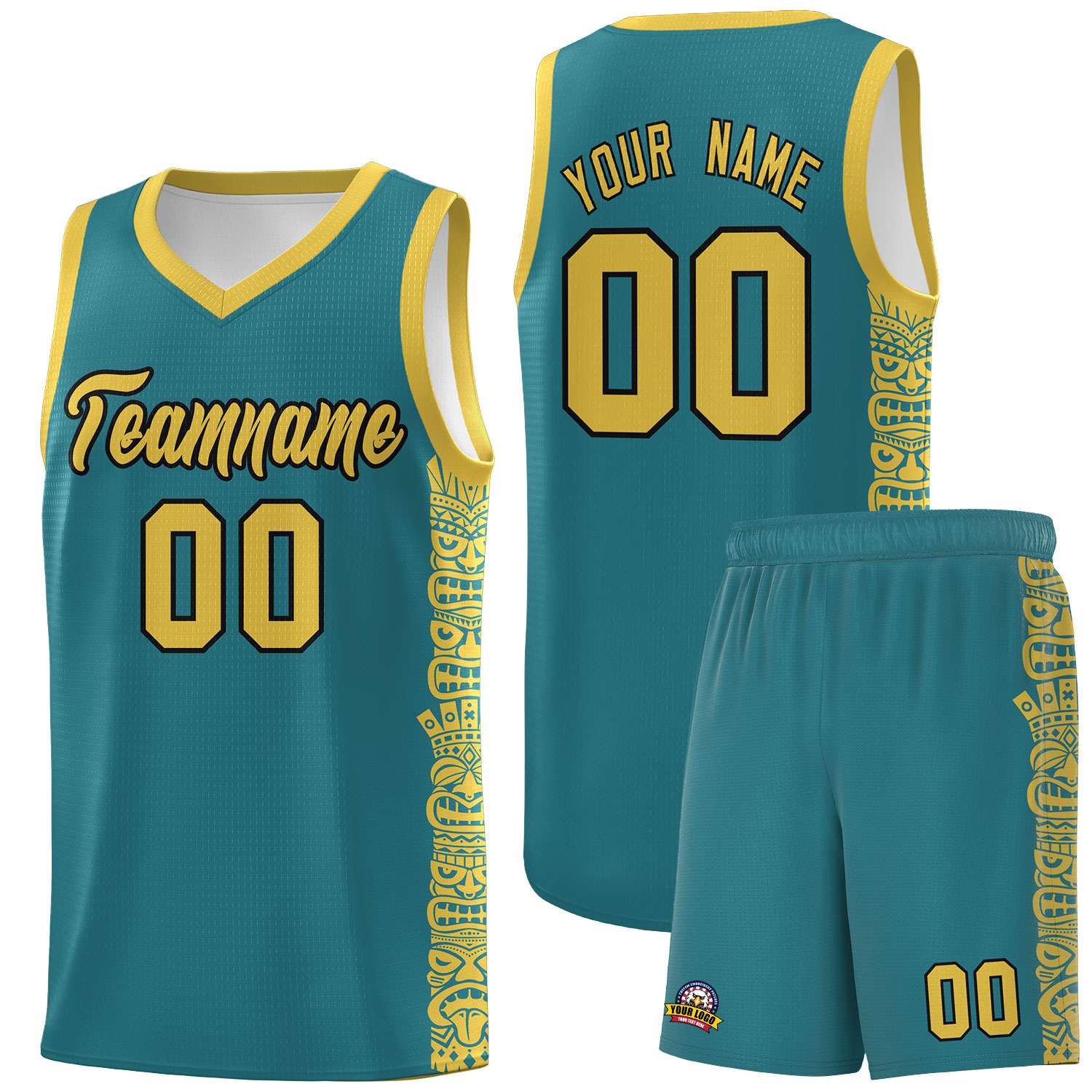 Custom Aqua Yellow Personalized Indians Pattern Sets Sports Uniform Basketball Jersey