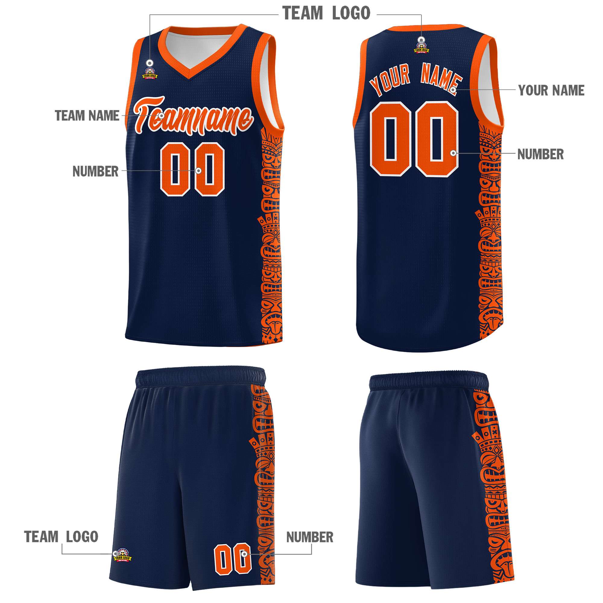 Custom Navy Orange Personalized Indians Pattern Sets Sports Uniform Basketball Jersey