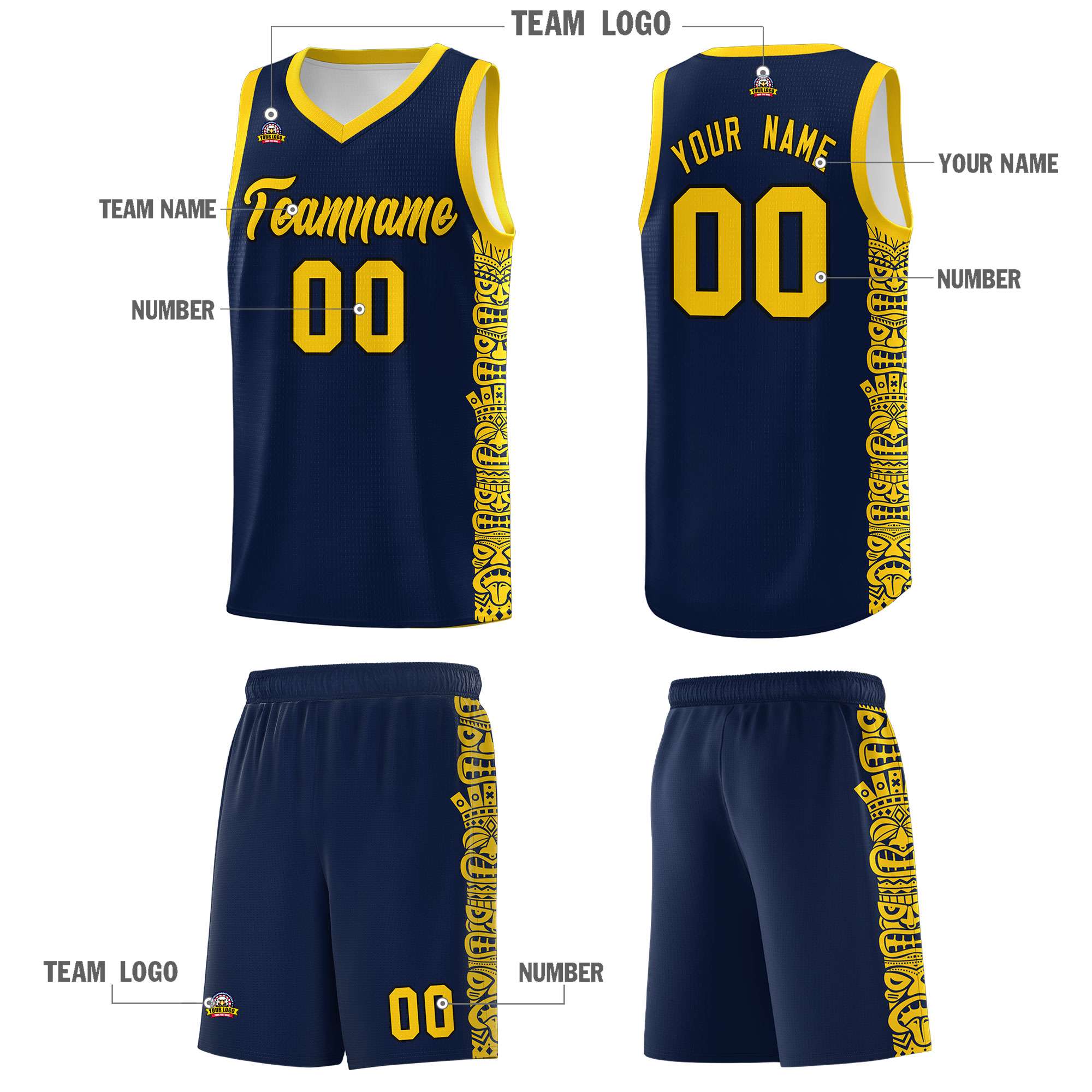 Custom Navy Gold Personalized Indians Pattern Sets Sports Uniform Basketball Jersey