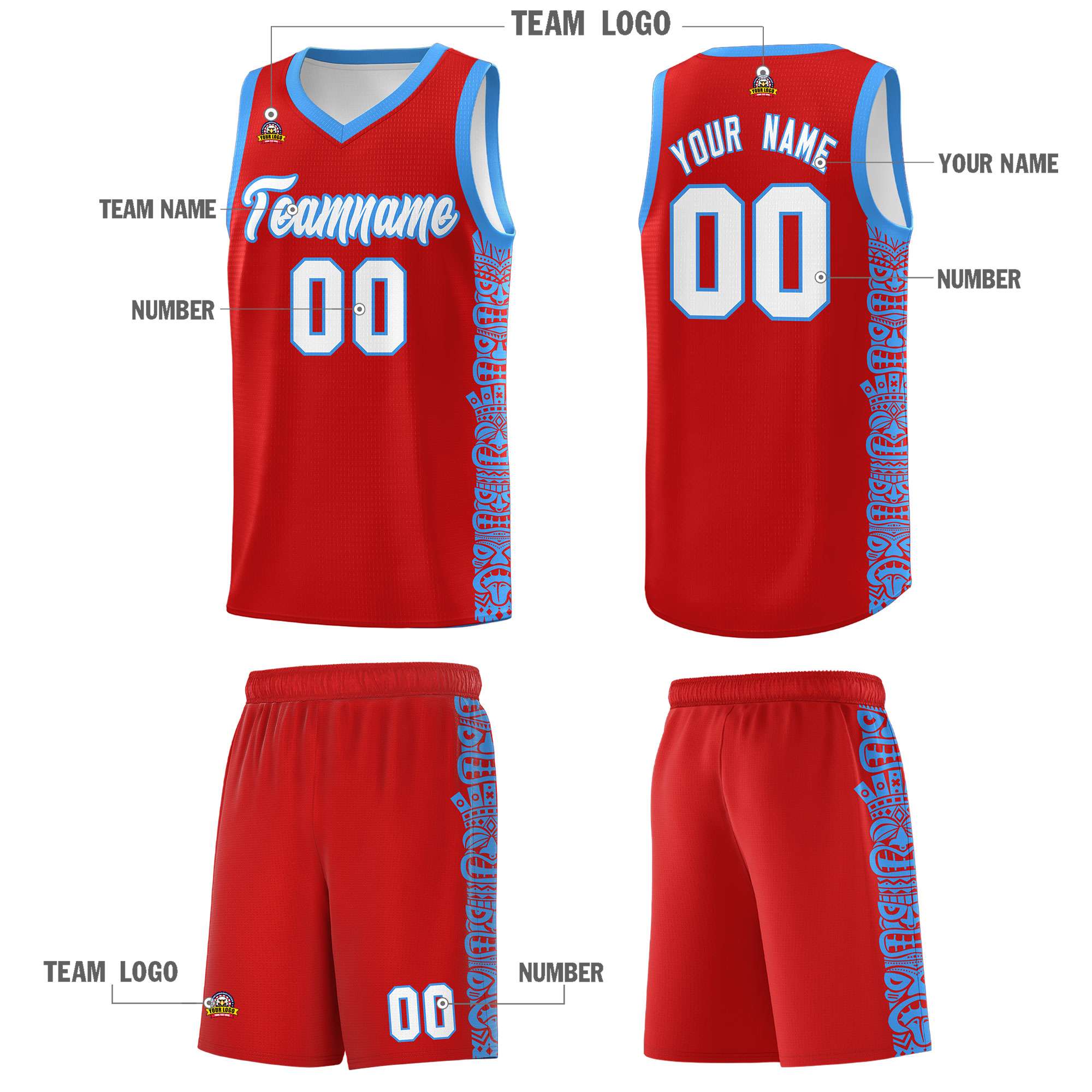 Custom Red Powder Blue Personalized Indians Pattern Sets Sports Uniform Basketball Jersey