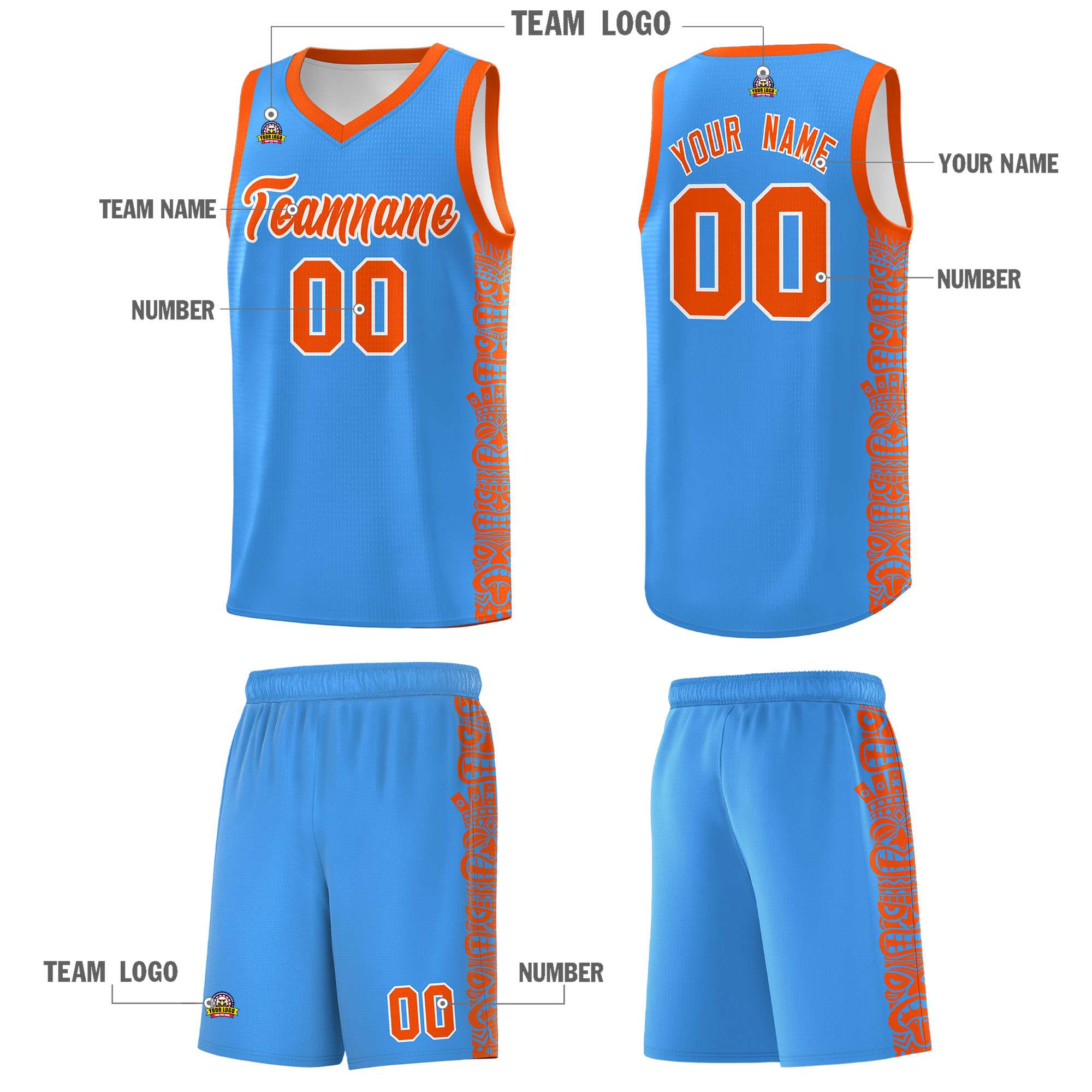 Custom Powder Blue Orange Personalized Indians Pattern Sets Sports Uniform Basketball Jersey