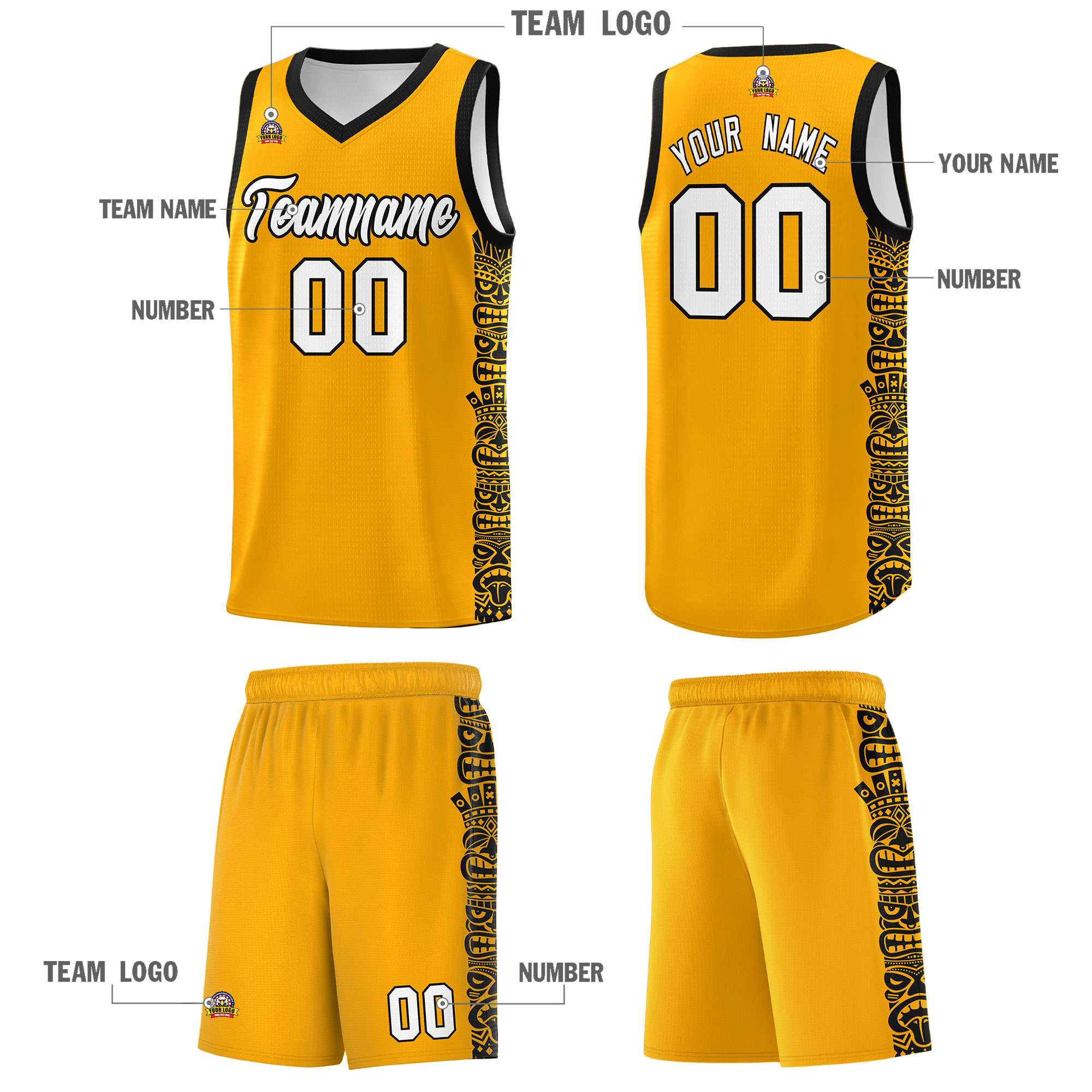 Custom Yellow Black Personalized Indians Pattern Sets Sports Uniform Basketball Jersey