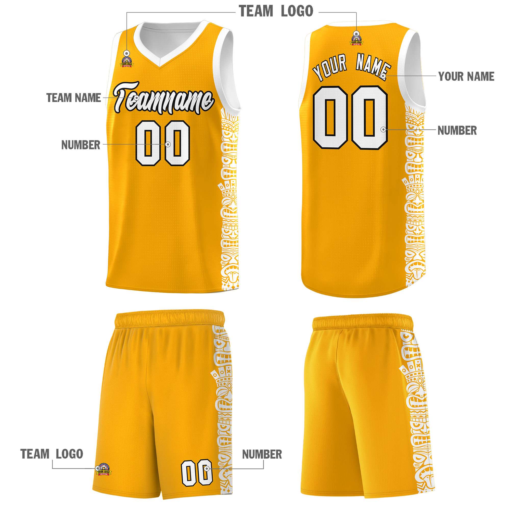 Custom Yellow White Personalized Indians Pattern Sets Sports Uniform Basketball Jersey