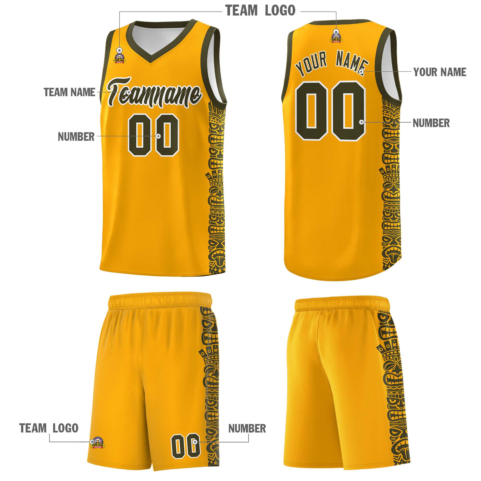 Custom Yellow Olive Personalized Indians Pattern Sets Sports Uniform Basketball Jersey