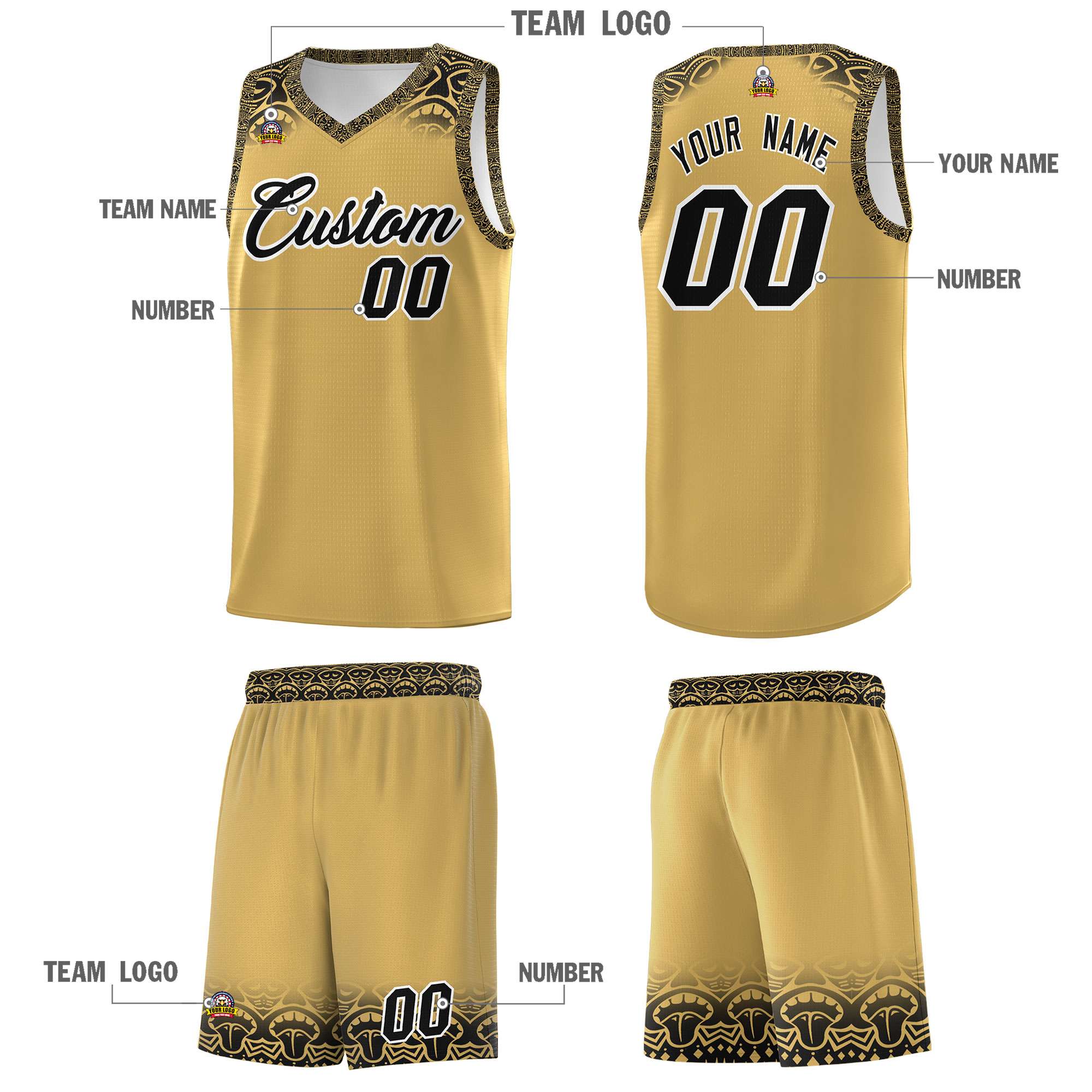 Custom Old Gold Black Personalized Indians Print Sets Sports Uniform Basketball Jersey