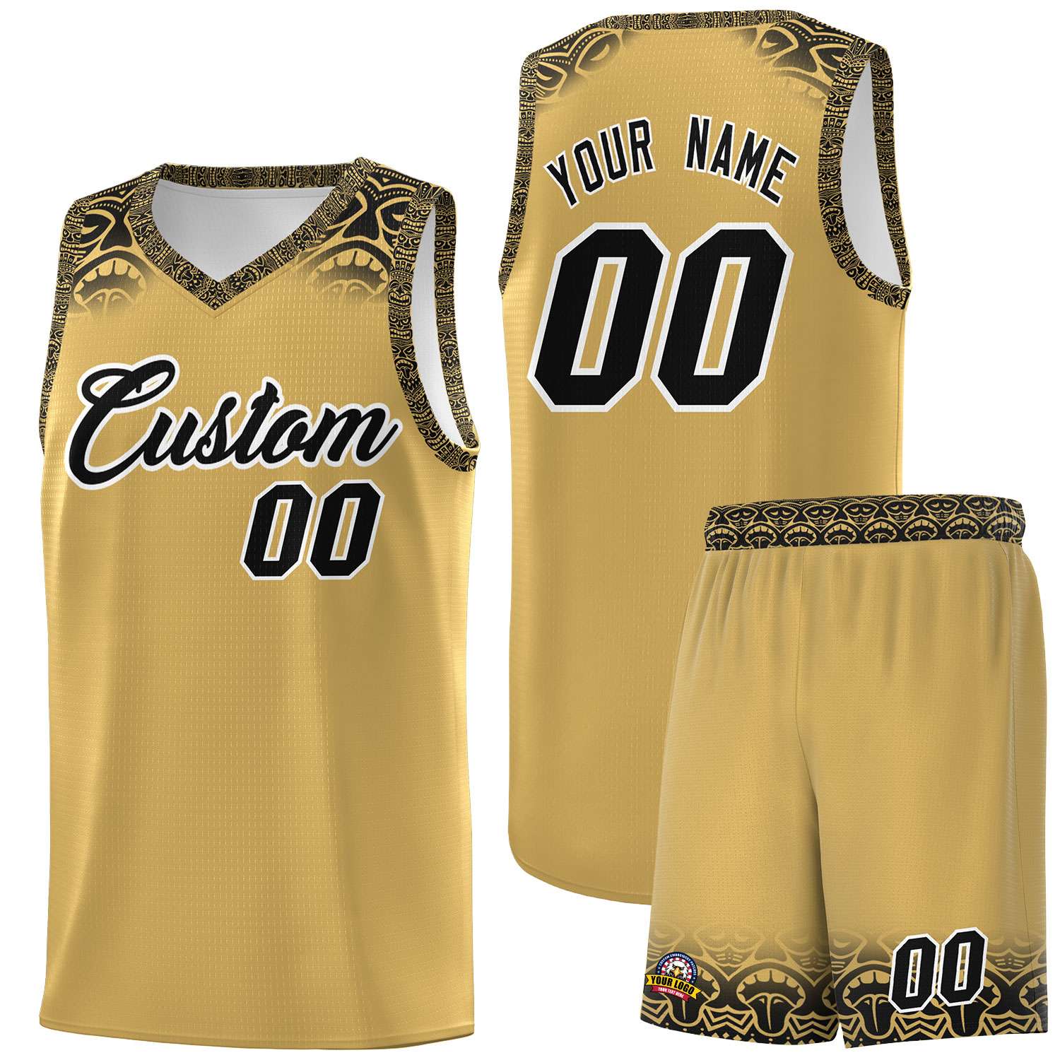 Custom Old Gold Black Personalized Indians Print Sets Sports Uniform Basketball Jersey