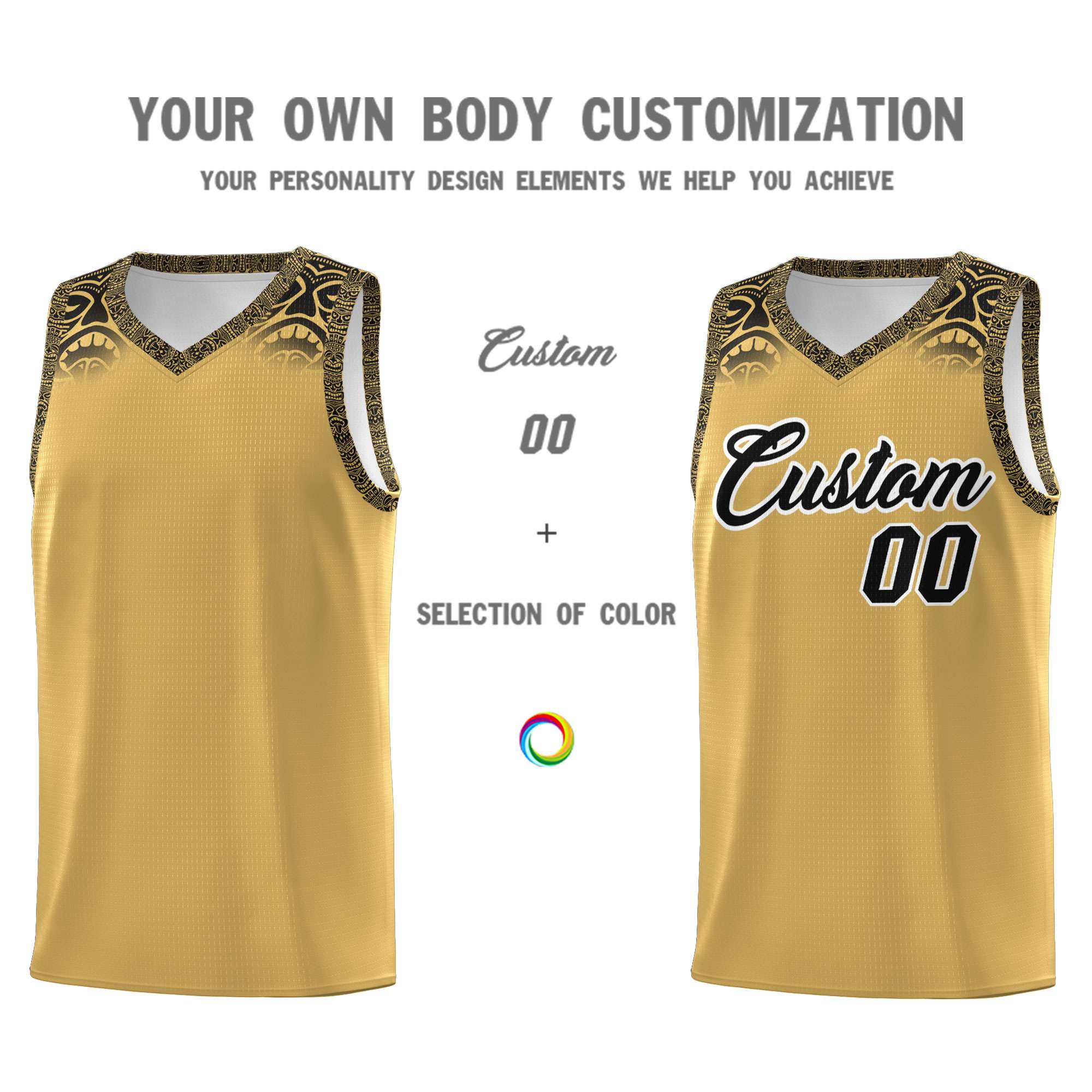 Custom Old Gold Black Personalized Indians Print Sets Sports Uniform Basketball Jersey