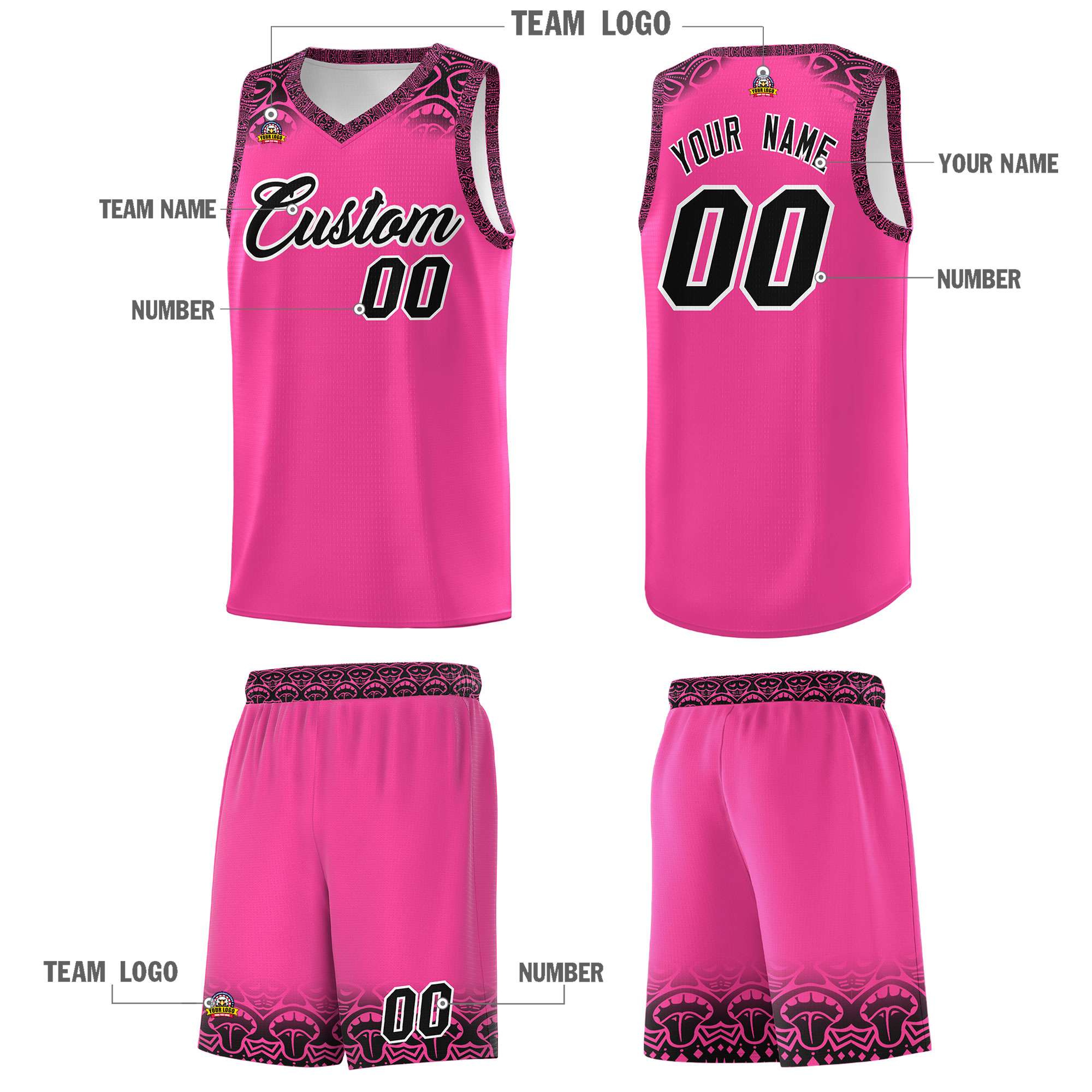 Custom Pink Black Personalized Indians Print Sets Sports Uniform Basketball Jersey