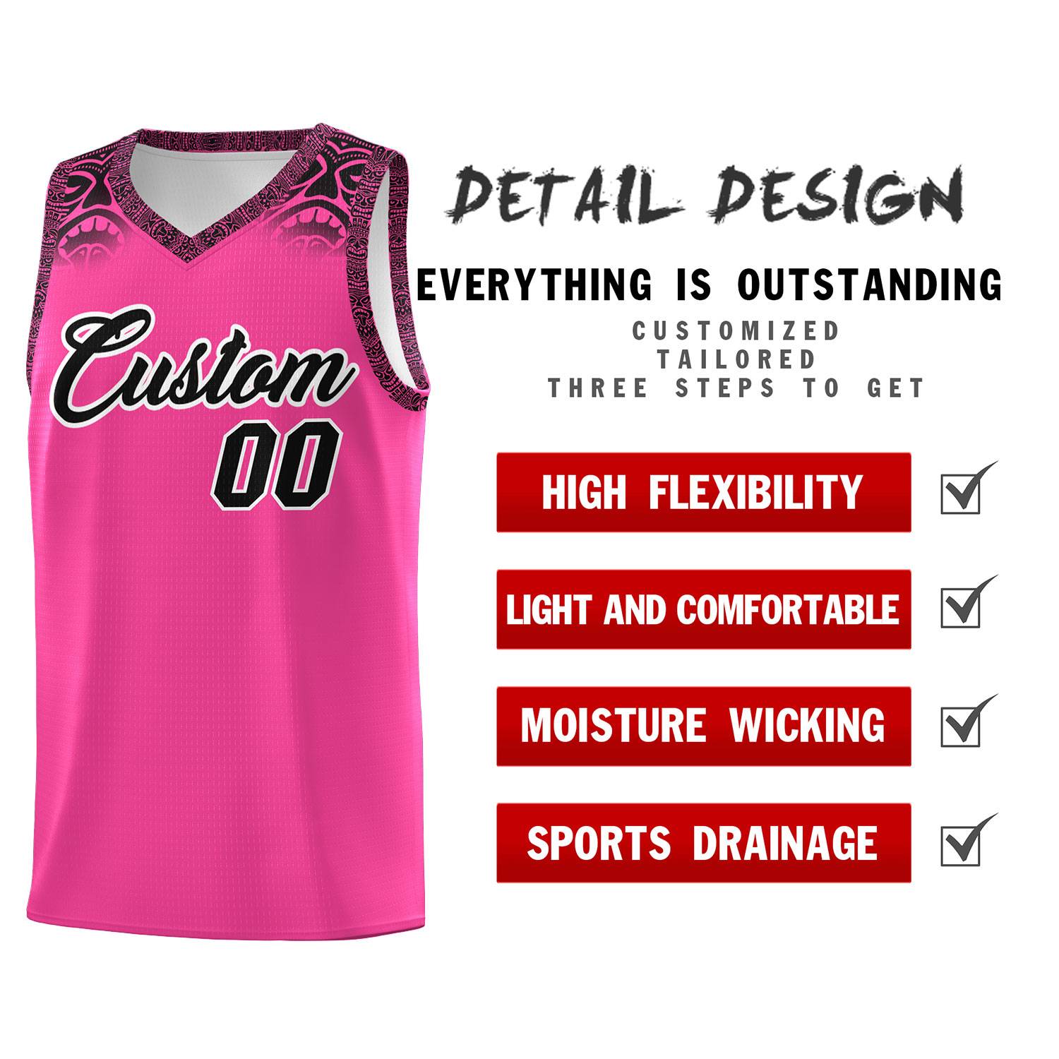 Custom Pink Black Personalized Indians Print Sets Sports Uniform Basketball Jersey