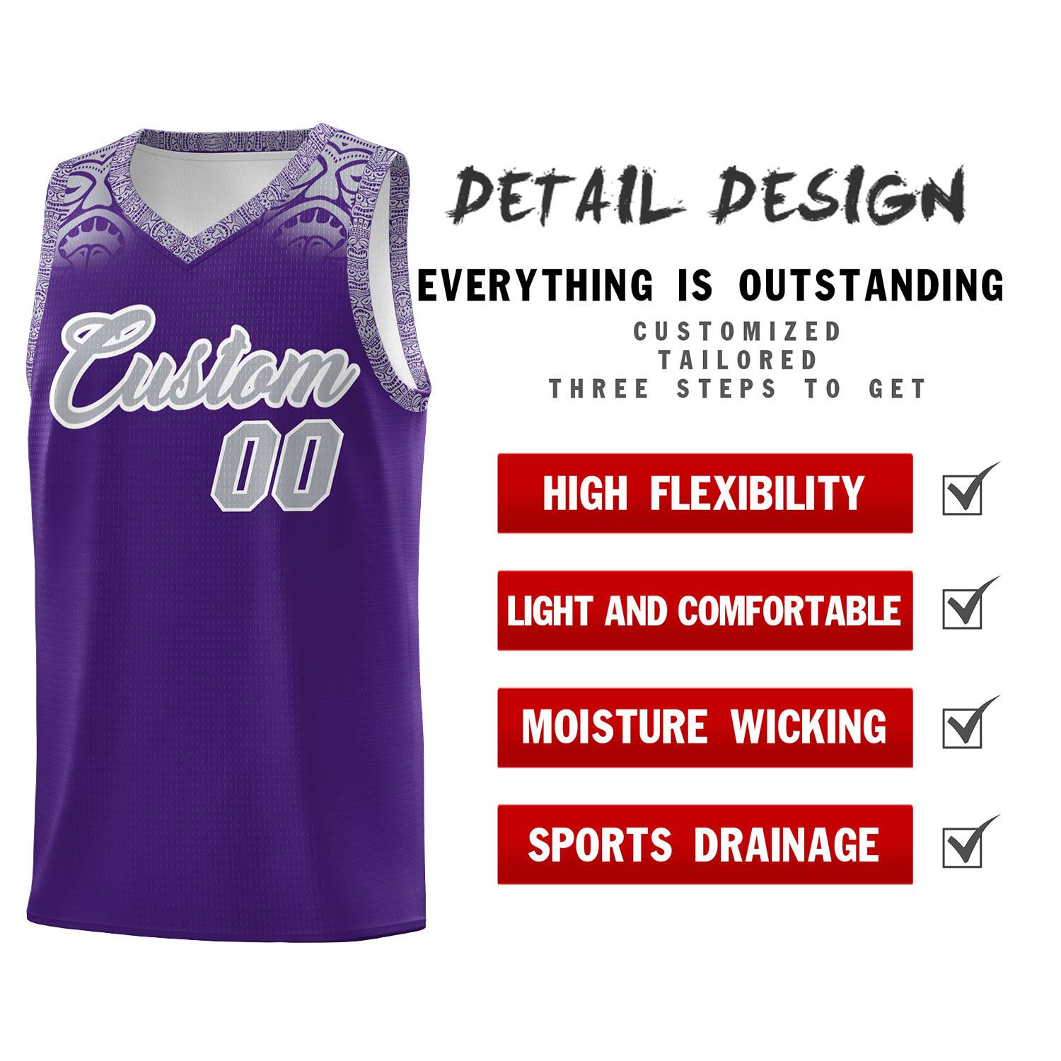 Custom Purple Gray Personalized Indians Print Sets Sports Uniform Basketball Jersey