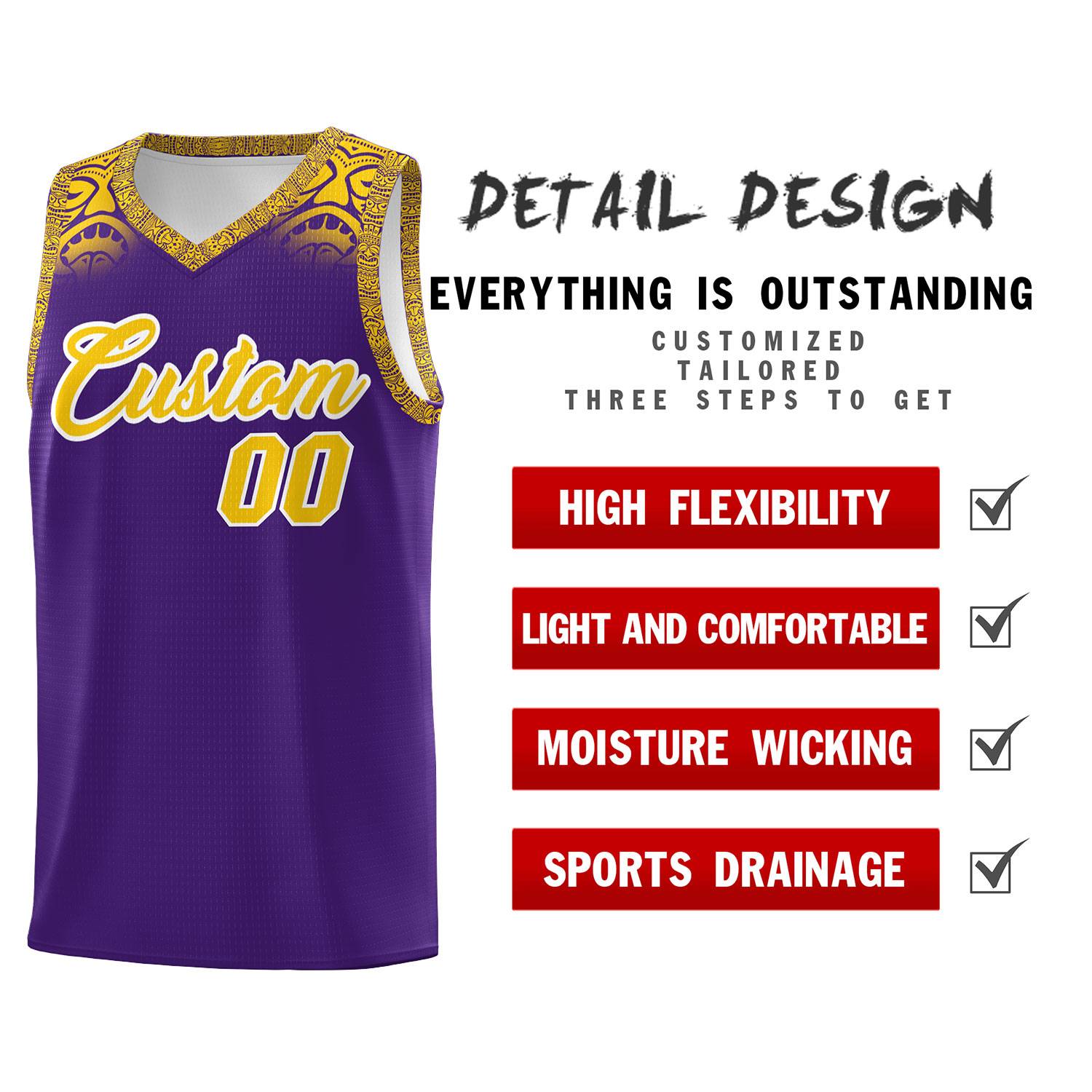 Custom Purple Gold Personalized Indians Print Sets Sports Uniform Basketball Jersey