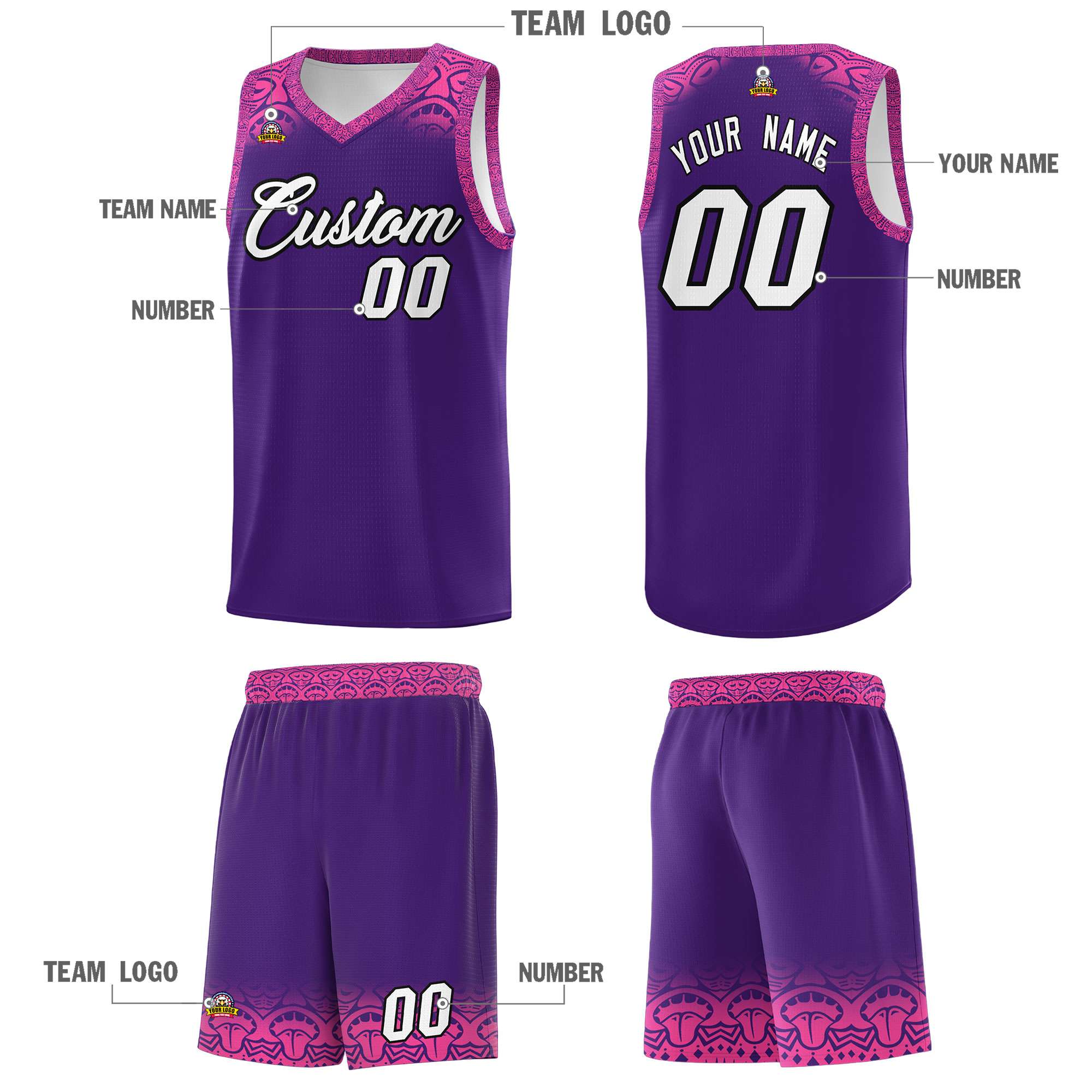 Custom Purple Pink Personalized Indians Print Sets Sports Uniform Basketball Jersey