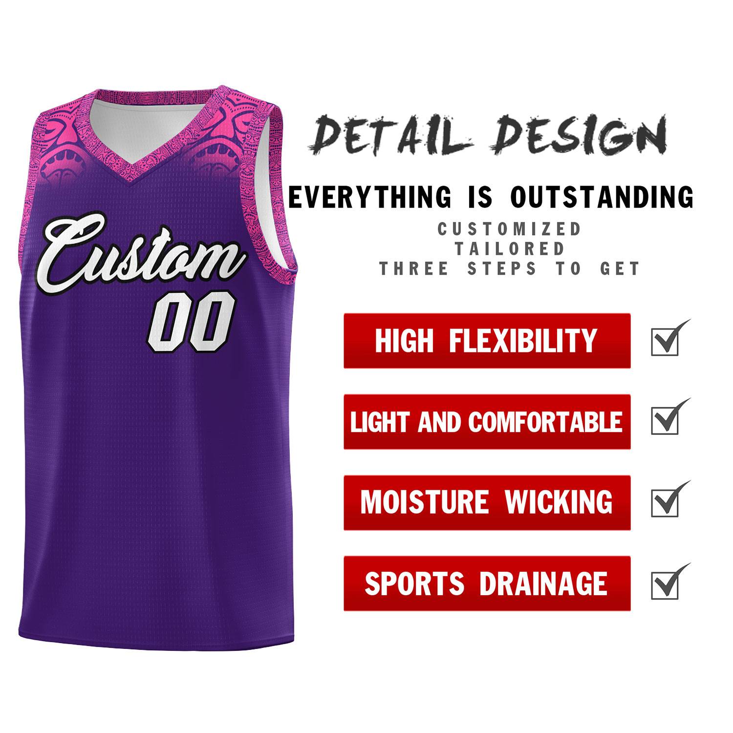 Custom Purple Pink Personalized Indians Print Sets Sports Uniform Basketball Jersey