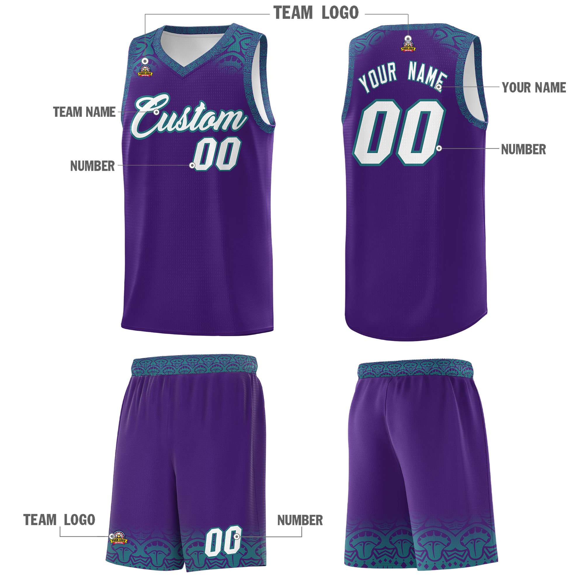 Custom Purple Aqua Personalized Indians Print Sets Sports Uniform Basketball Jersey