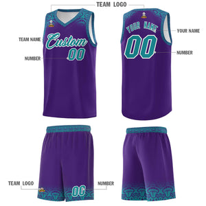 Custom Purple Aqua Personalized Indians Print Sets Sports Uniform Basketball Jersey