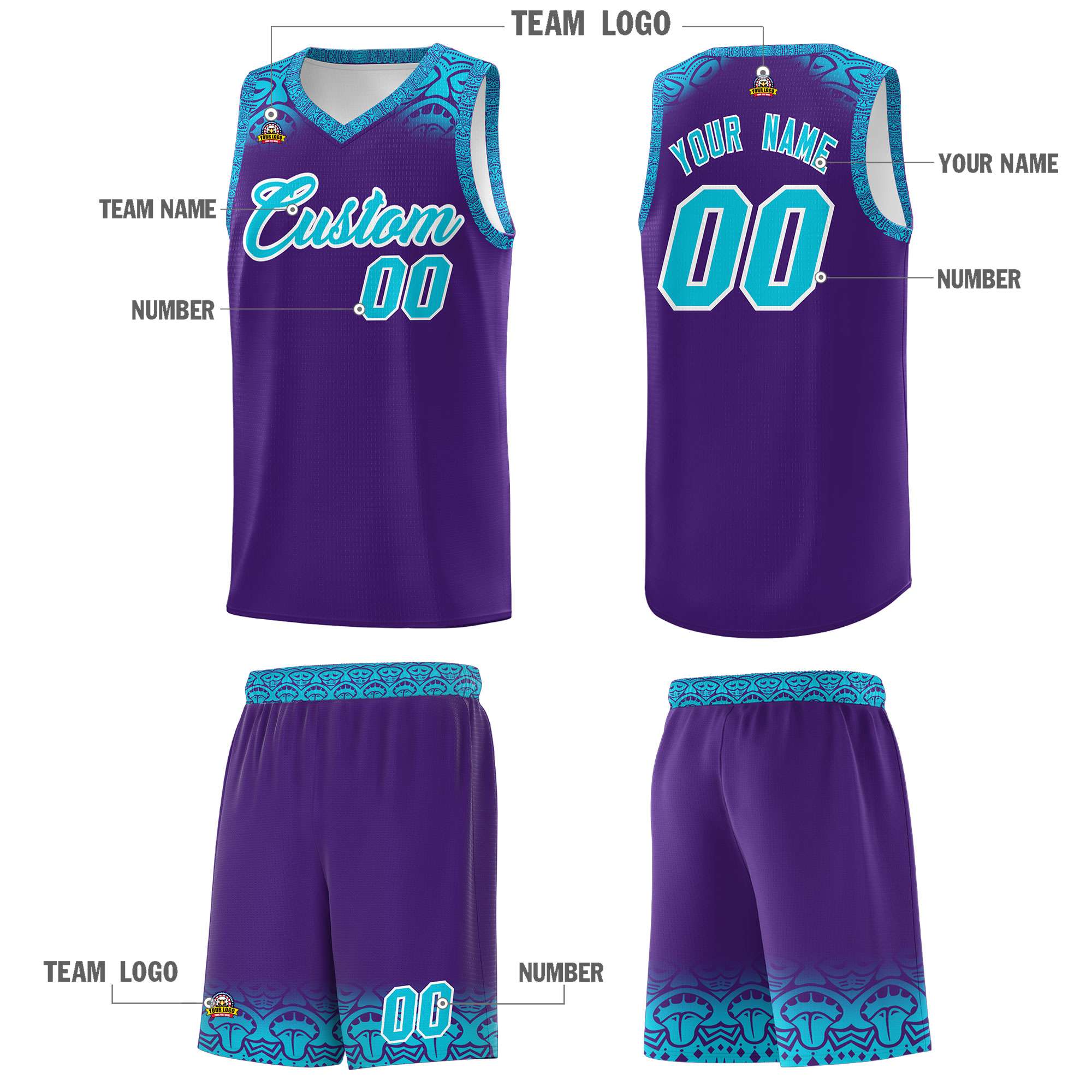 Custom Purple Sky Blue Personalized Indians Print Sets Sports Uniform Basketball Jersey