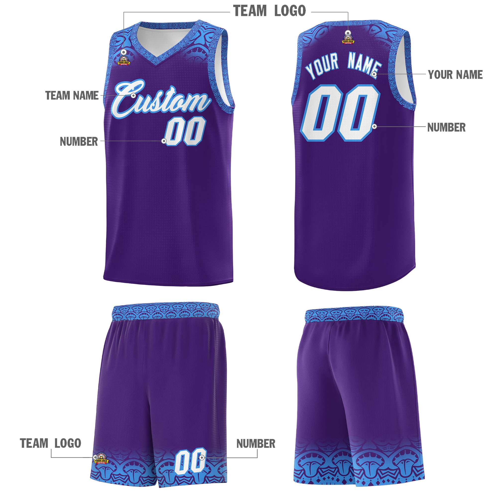 Custom Purple Powder Blue Personalized Indians Print Sets Sports Uniform Basketball Jersey