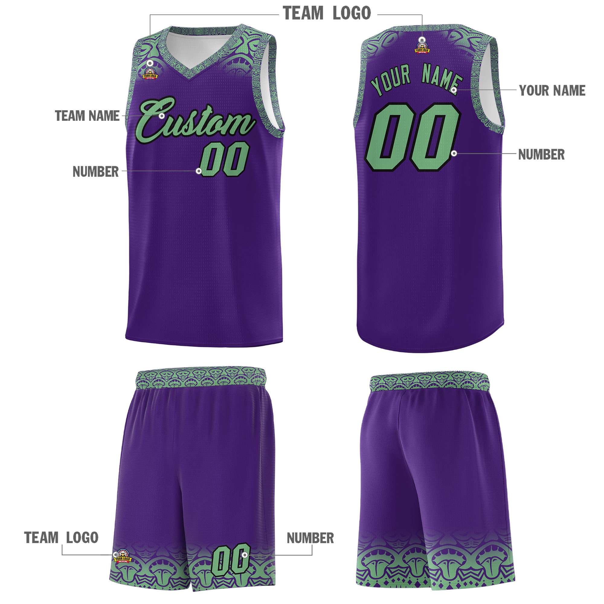 Custom Purple Green Personalized Indians Print Sets Sports Uniform Basketball Jersey