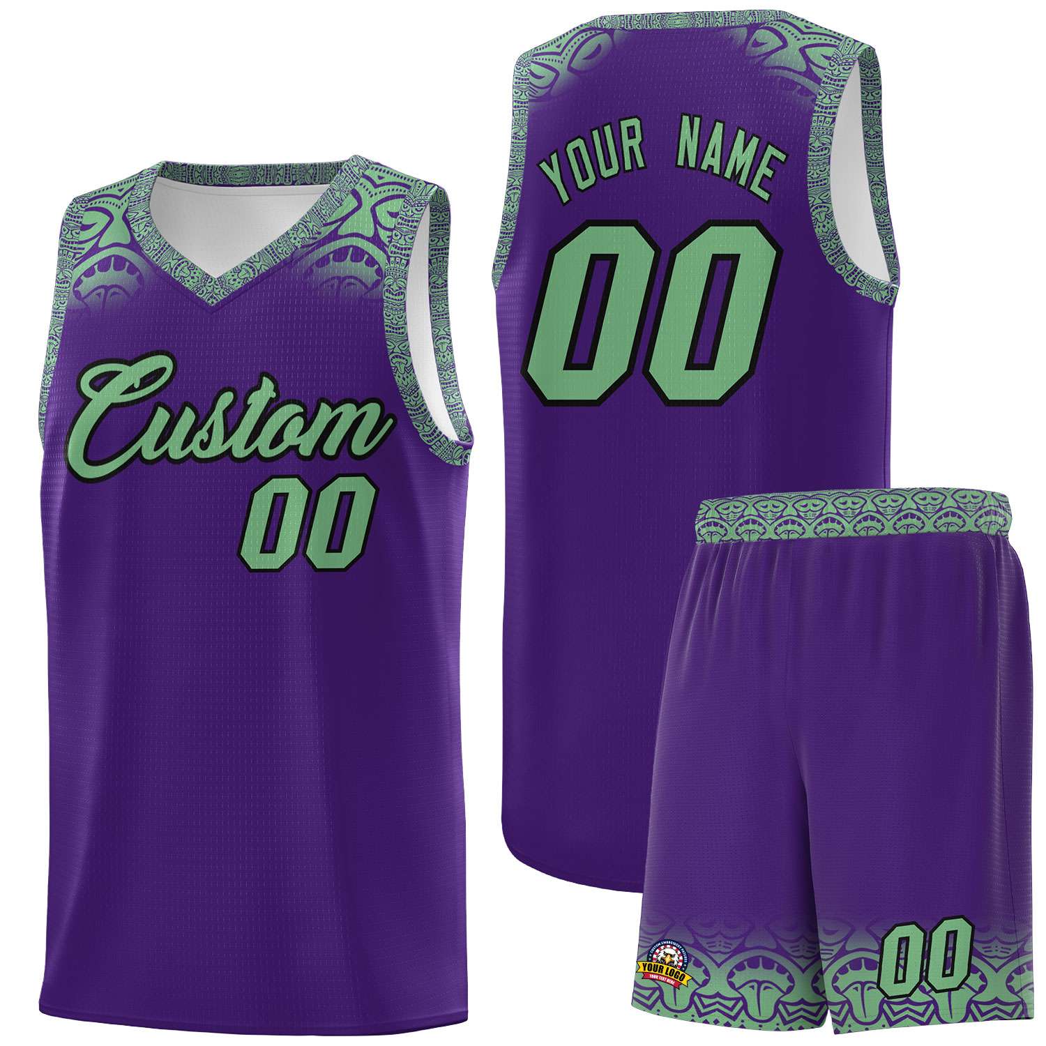 Custom Purple Green Personalized Indians Print Sets Sports Uniform Basketball Jersey