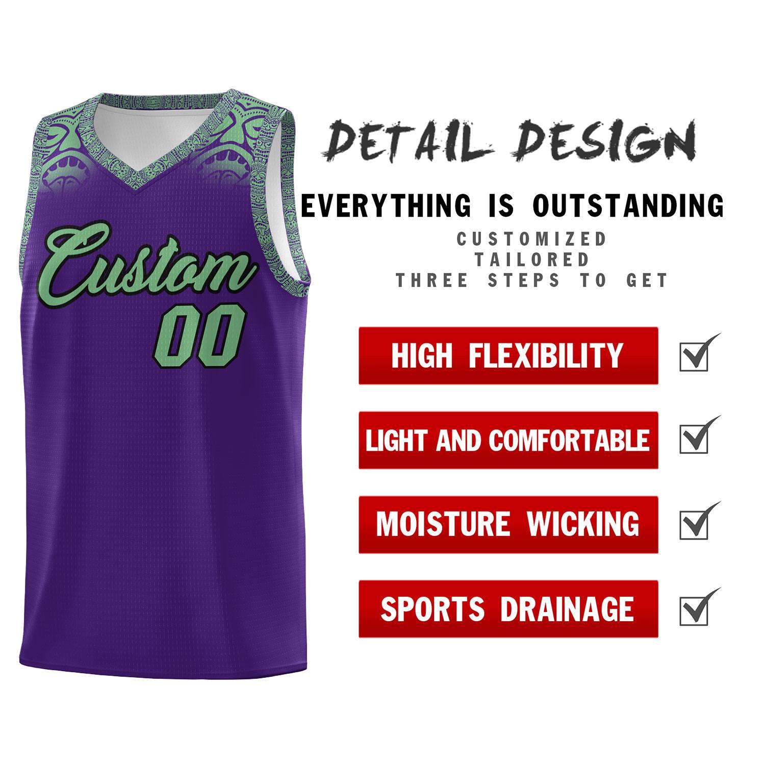 Custom Purple Green Personalized Indians Print Sets Sports Uniform Basketball Jersey