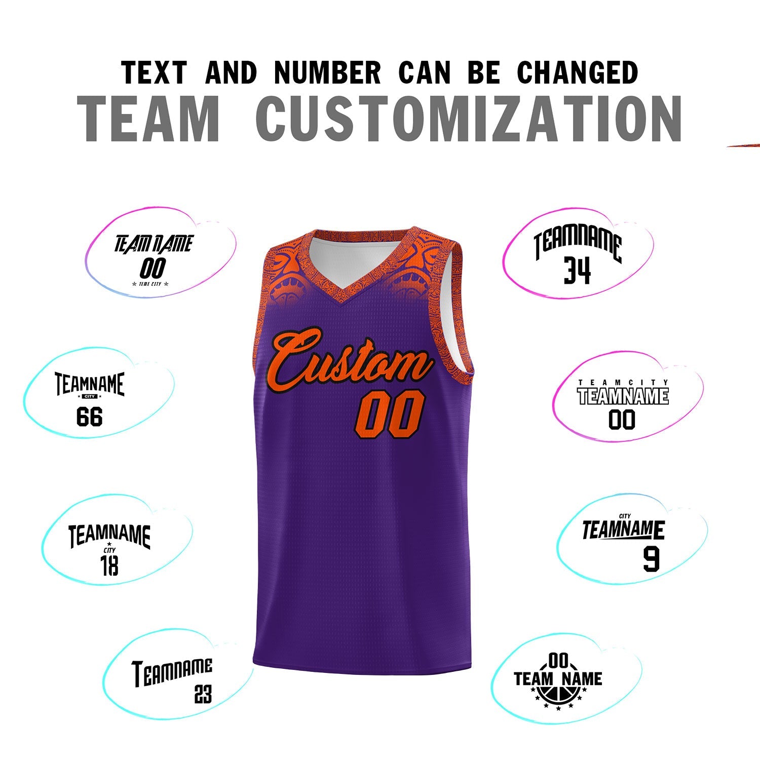 Custom Purple Orange Personalized Indians Print Sets Sports Uniform Basketball Jersey