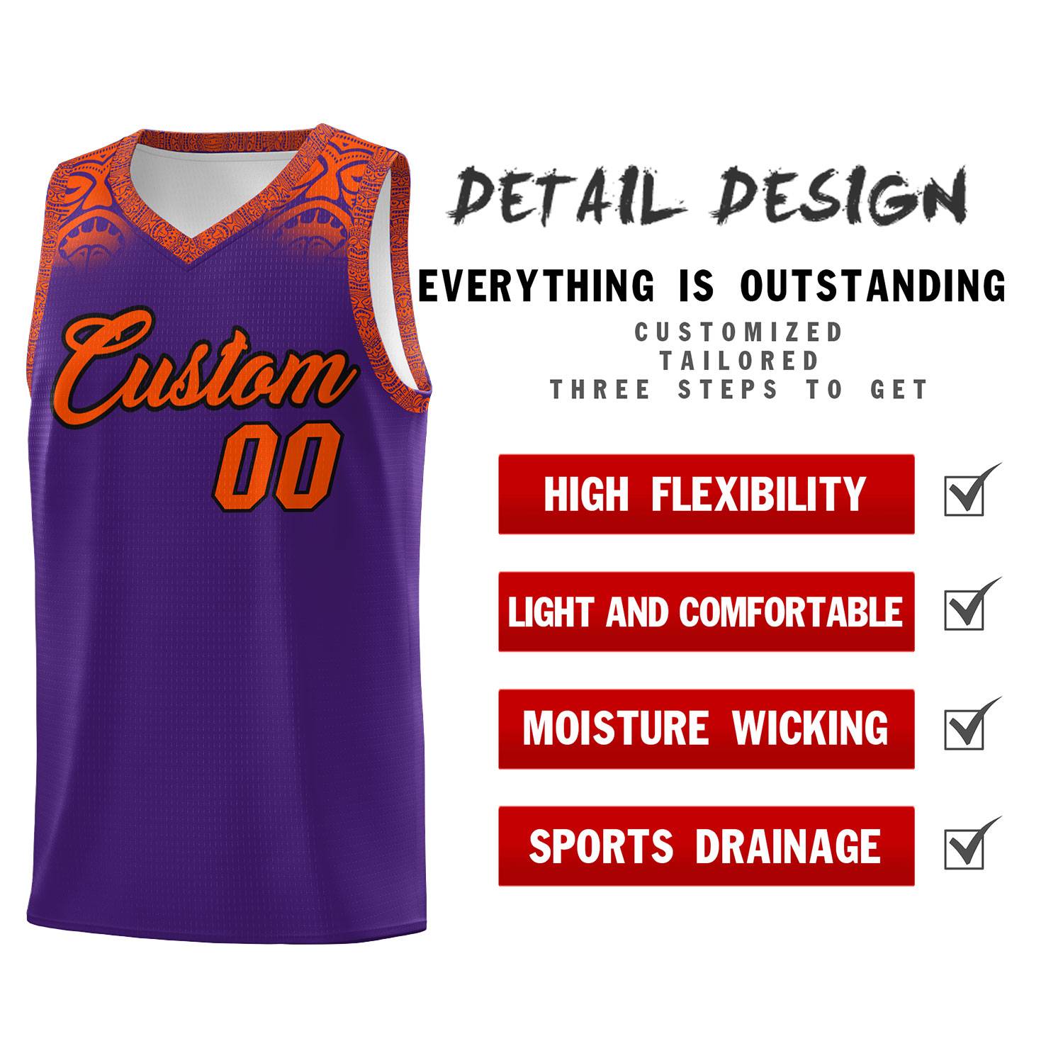 Custom Purple Orange Personalized Indians Print Sets Sports Uniform Basketball Jersey