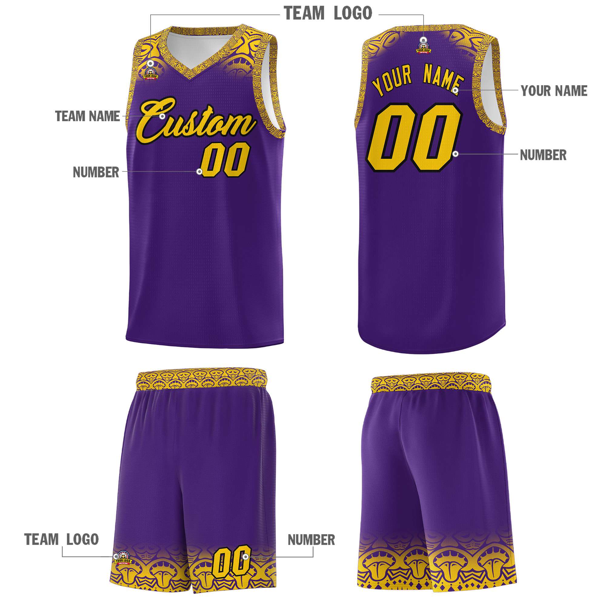 Custom Purple Gold Personalized Indians Print Sets Sports Uniform Basketball Jersey