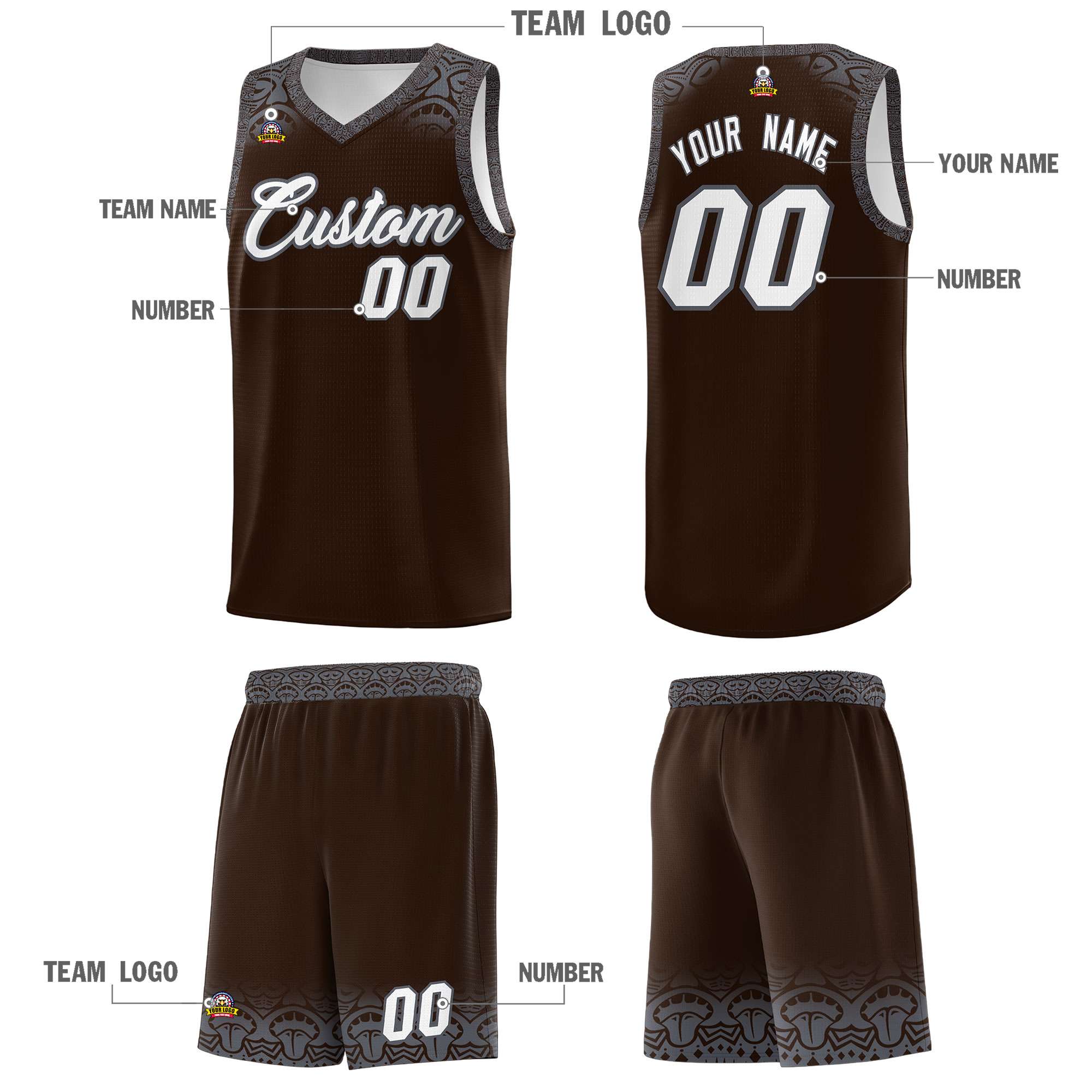 Custom Brown Dark Gray Personalized Indians Print Sets Sports Uniform Basketball Jersey