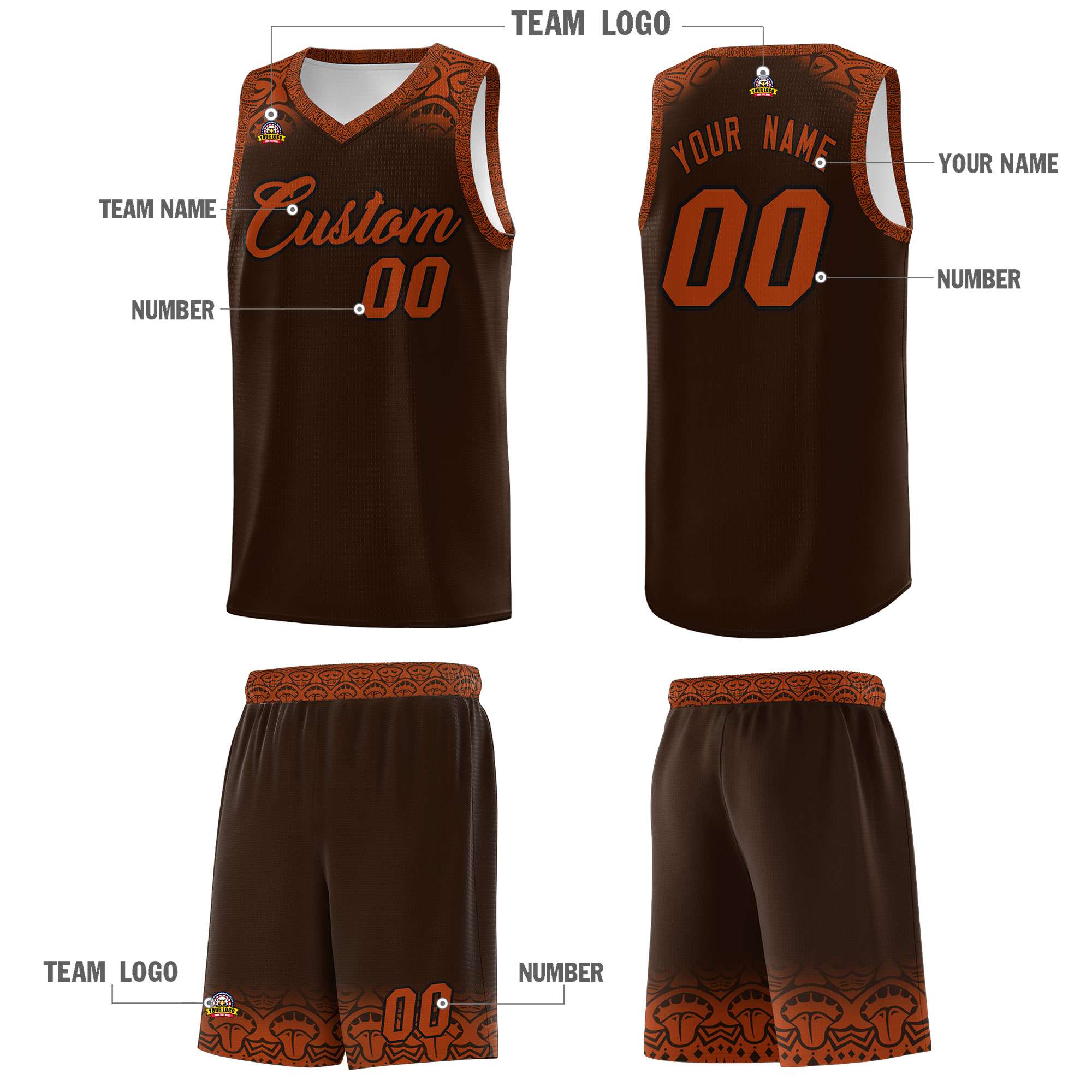 Custom Brown Texas Orange Personalized Indians Print Sets Sports Uniform Basketball Jersey