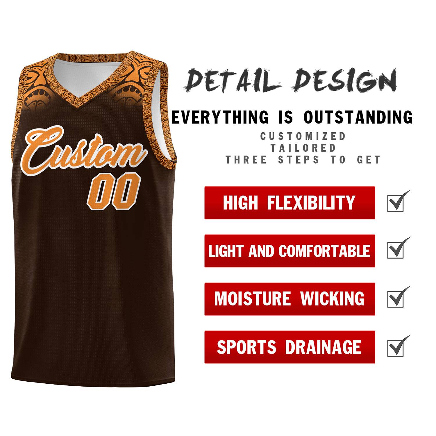 Custom Brown Orange Personalized Indians Print Sets Sports Uniform Basketball Jersey