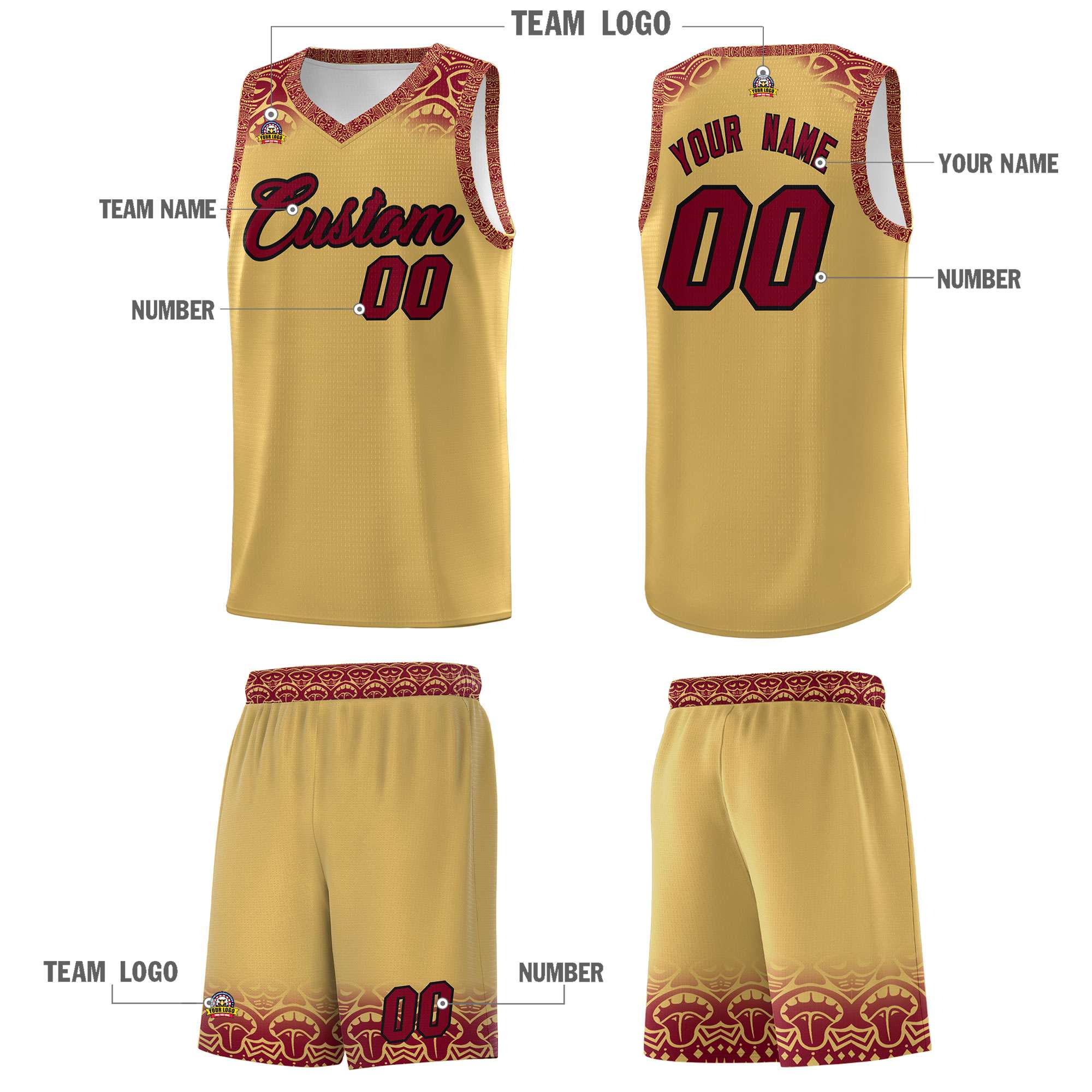 Custom Khaki Crimson Personalized Indians Print Sets Sports Uniform Basketball Jersey