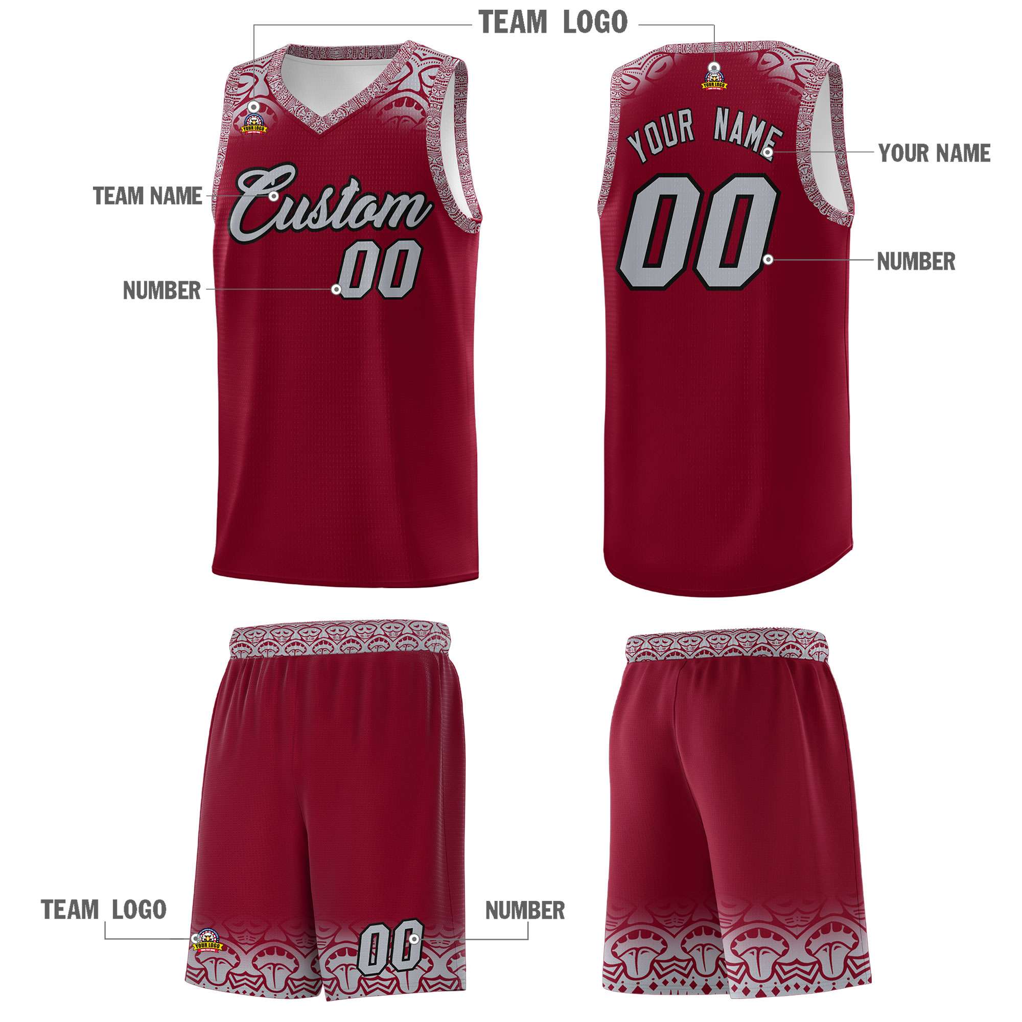 Custom Crimson Gray Personalized Indians Print Sets Sports Uniform Basketball Jersey