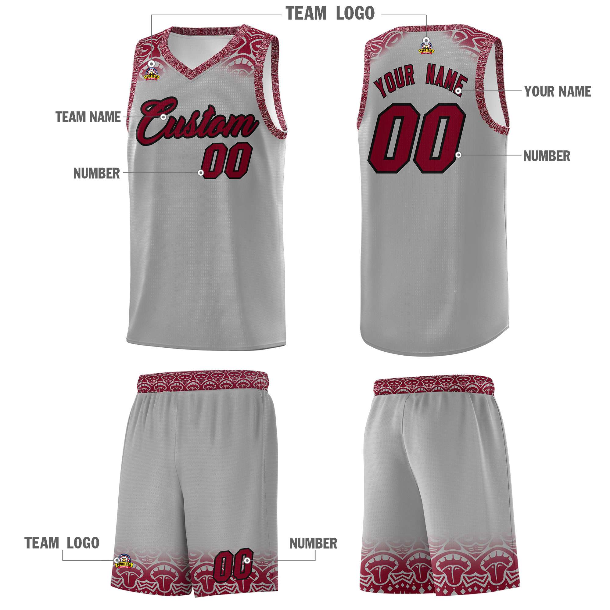 Custom Gray Crimson Personalized Indians Print Sets Sports Uniform Basketball Jersey