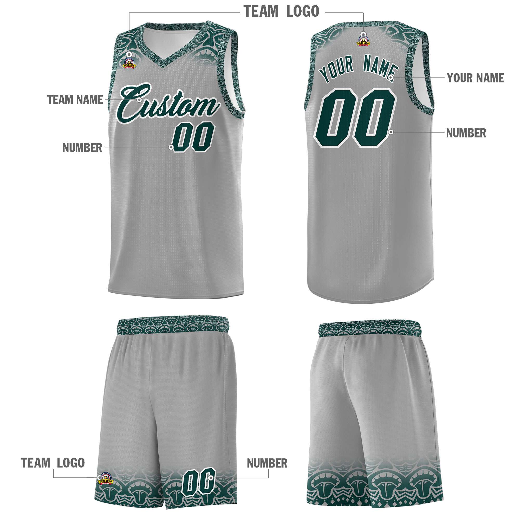 Custom Gray Midnight Green Personalized Indians Print Sets Sports Uniform Basketball Jersey